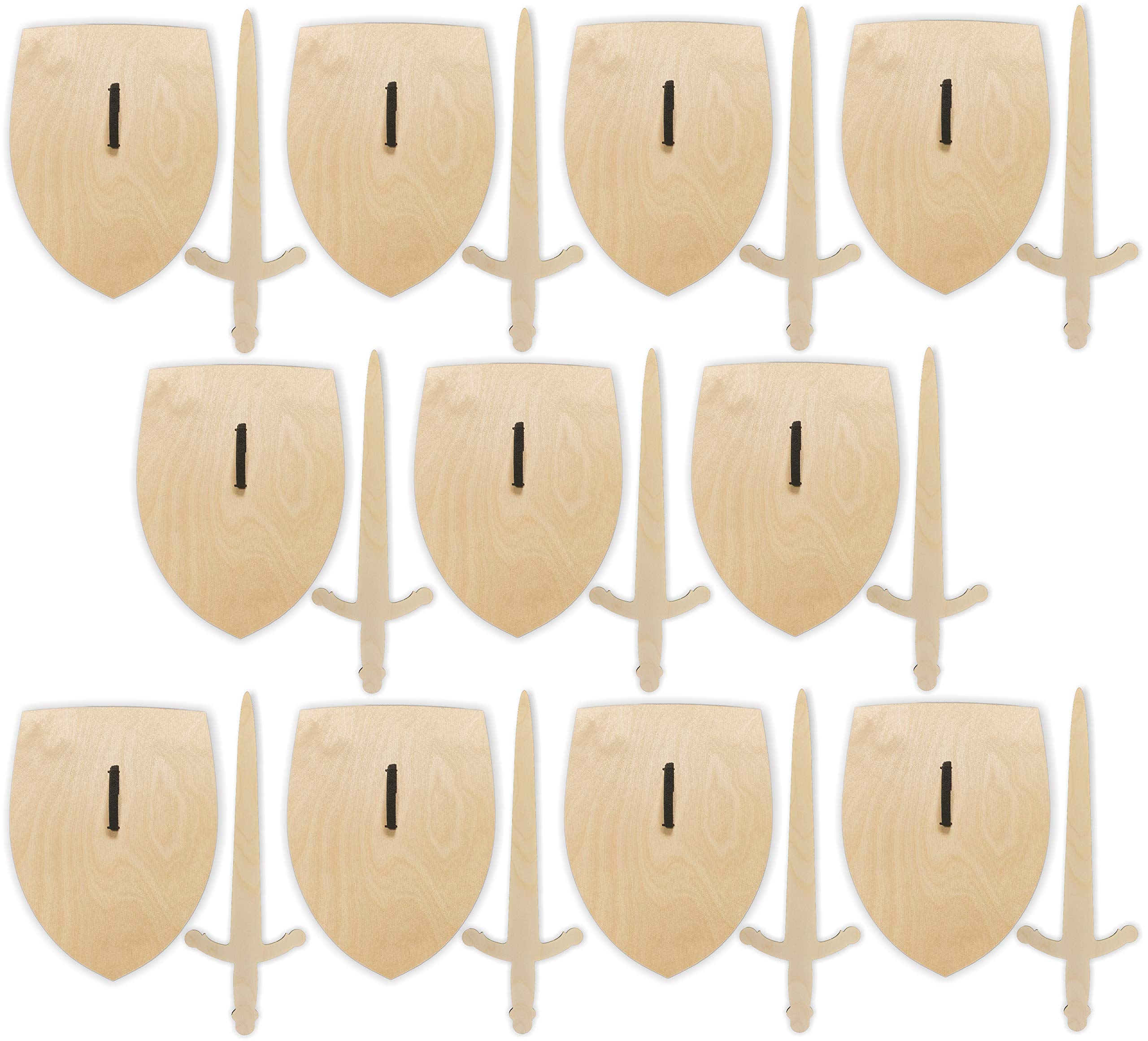 Herr Bo & Co 10x Ritterschild und Ritterschwert als Set unbehandeltem 3mm Birkensperrholz, inkl. Halteschlaufe aus hochwertigem doppelseitigem Klettband, FSC-Zertifiziert, Made in Germany