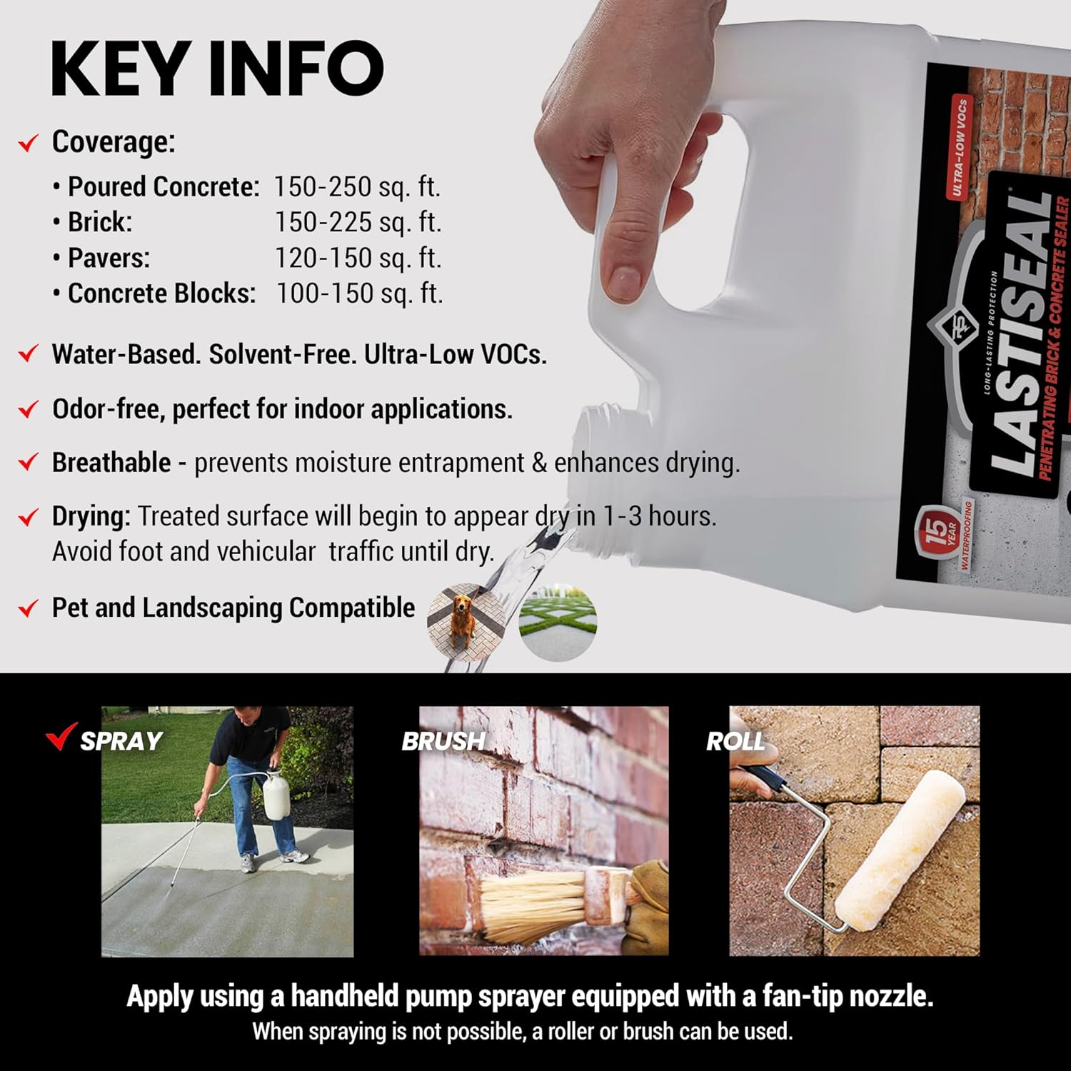 LastiSeal Brick & Masonry Sealer – Deep-Penetrating Sealer for Brick, Concrete, Stone & Masonry – Water-Resistant Protection for Interior & Exterior Surfaces – 15-Year Service Life (1 Gallon)