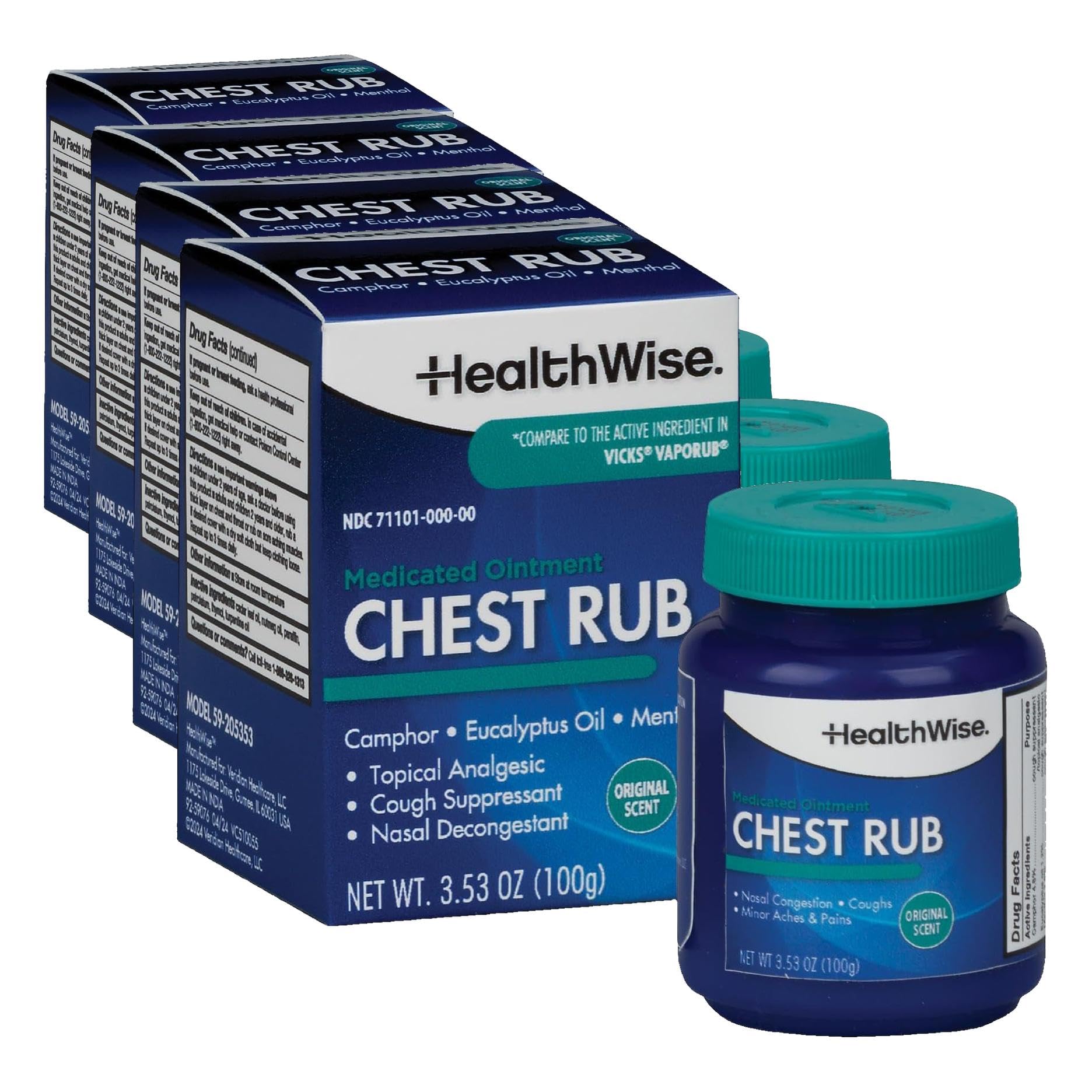 HealthWise Medicated Chest Rub | Cough suppressant | Relieves Nasal Congestion | Relieves Minor Aches and Pains | 3.53 oz. Jar | Eucalyptus, Menthol + Camphor (Pack of 4)