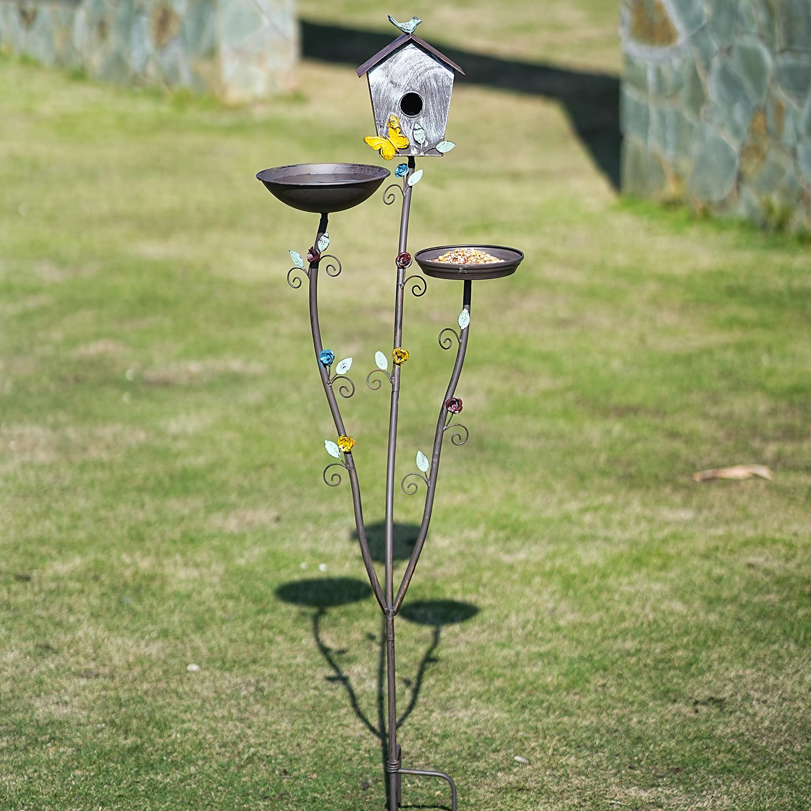 Baños para pájaros para exteriores, cuenco de baño mejorado para pájaros, casa de pájaros y bandejas de comedero de pájaros, diseño 3 en 1, baño de metal para decoración de jardín y patio