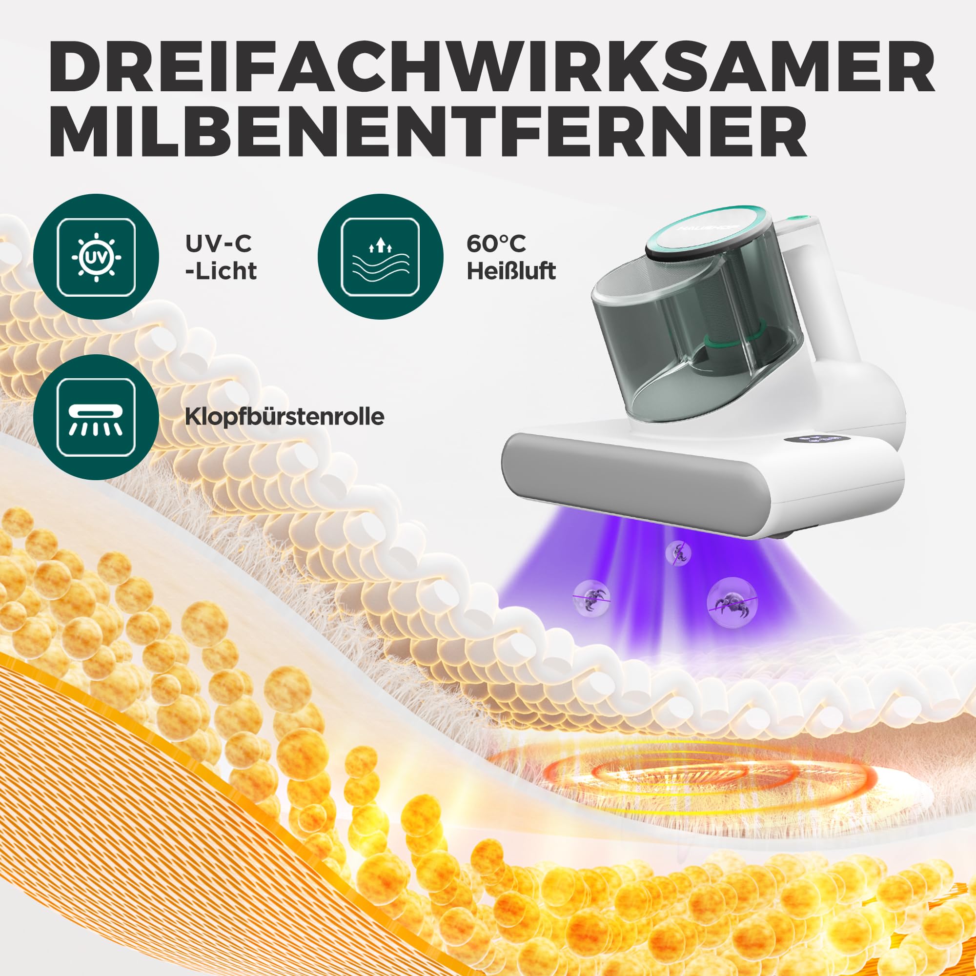 HAUSHOF Milbensauger für Matratzen 16 kPa UV Licht 60℃ Heißluft Matratzenreiniger 400W Display Doppel-Staubbehälter