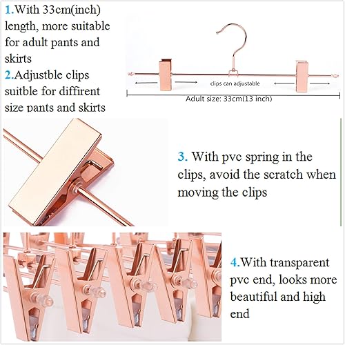 Miniatura 3 de Cocomaya Percha de metal de cobre de 13 pulgadas, resistente de oro rosa, colgador de pantalones, colgador de falda con clips ajustables (oro rosa,