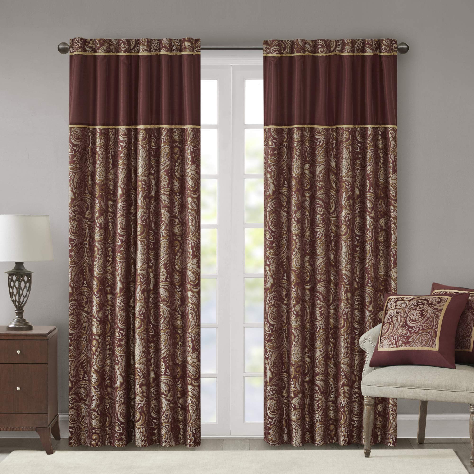 Madison Park Aubrey Faux Silk Paisley Jacquard, Rod Pocket Curtain for Living Room, Kitchen, Bedroom and Dorm, 50 in x 95 in, Burgundy