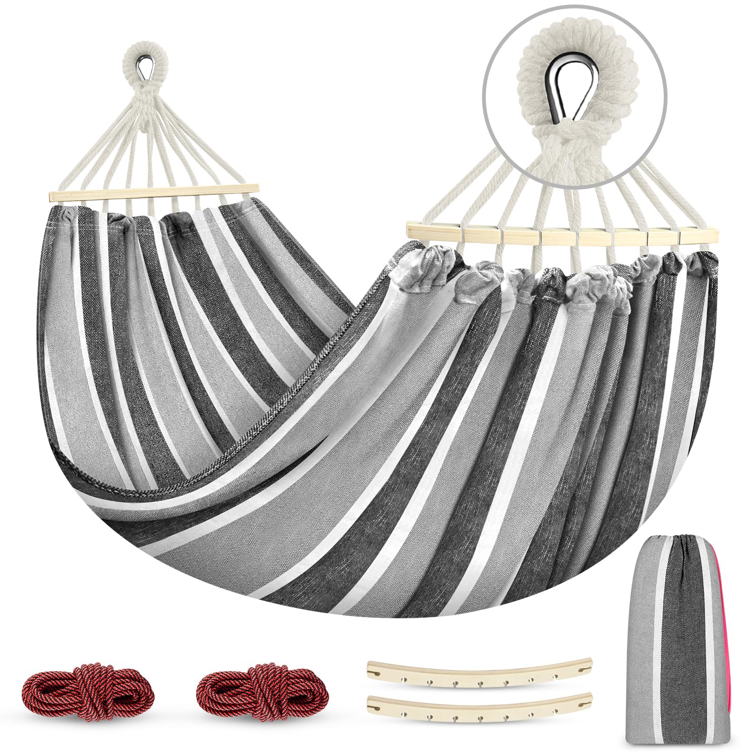 MOSFiATA Hammocks Portable Camping Hammock Upgraded 550lb Comfortable Fabric Hammock with Two Anti Roll Balance Beam and Sturdy Tree Straps for Camping, Patio, Backyard, Outdoor（Grey）