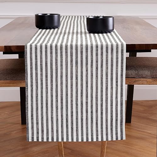 Solino Home Camino de mesa de lino de 120 pulgadas de largo, rayas Amalfi, 100% lino puro en blanco y negro, camino de mesa de granja de 16 x 120
