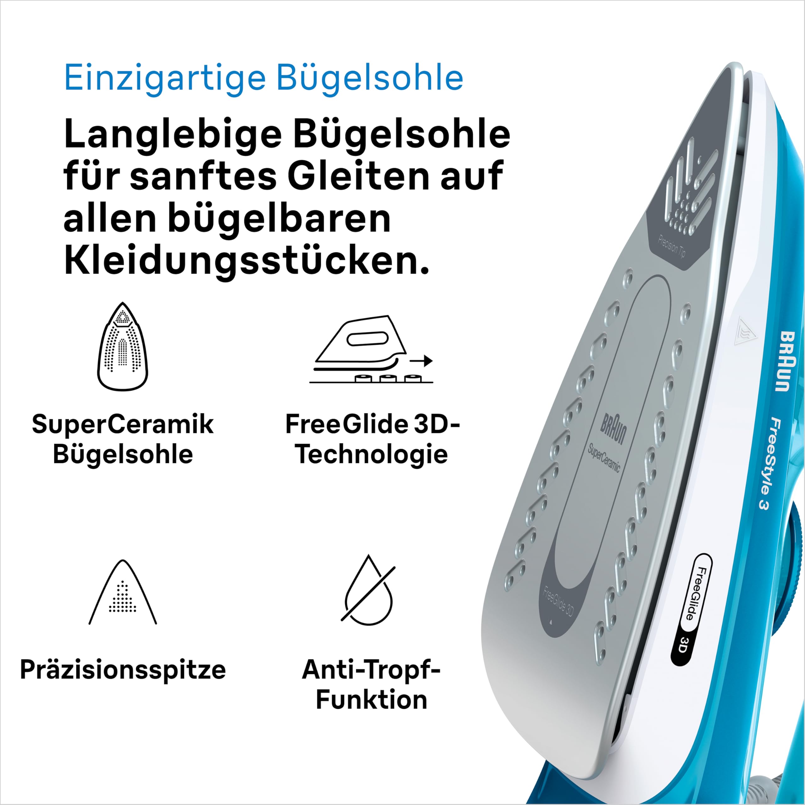 Braun FreeStyle 3 FI3144BL Dampfbügeleisen mit 3D-FreeGlide-Technologie, SuperCeramic-Sohle, Ultimate FastClean, automatische Abschaltung, Tank 270 ml, 2700 W, Blau