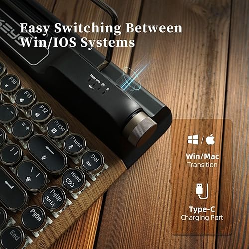 Miniatura 7 de 7KEYS Teclado mecánico retro para juegos de máquina de escribir, teclado de computadora de estilo vintage con Bluetooth inalámbrico 5.0cableado2.4G,