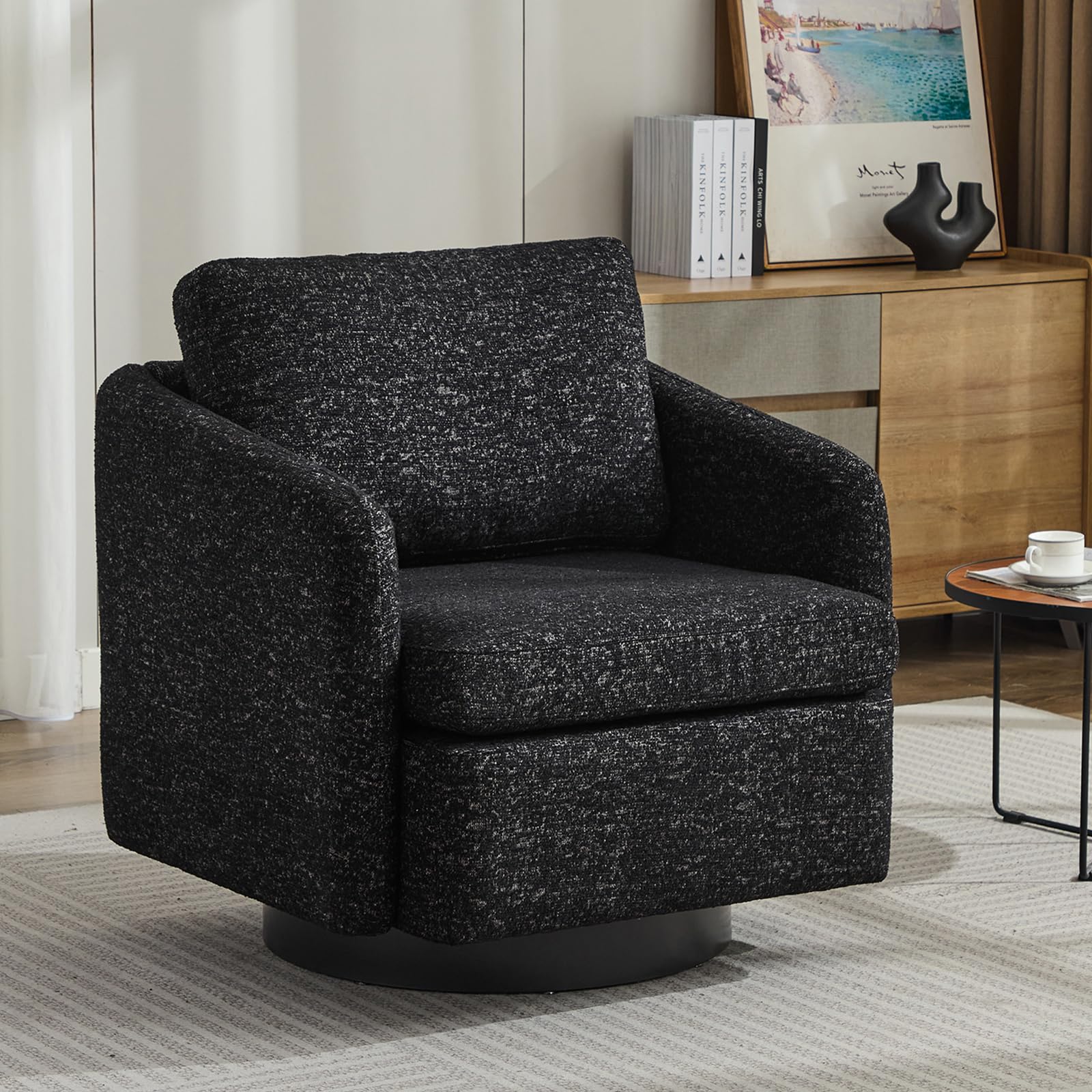 Upholstered Swivel Accent Chair,Comfy Chenille 31.5" W Square Shaped Barrel Reading Armchair,Mid Century Single Sofa Chair 360 Degree Rotation for Living Room,Bedroom,Home Office Chair,Black