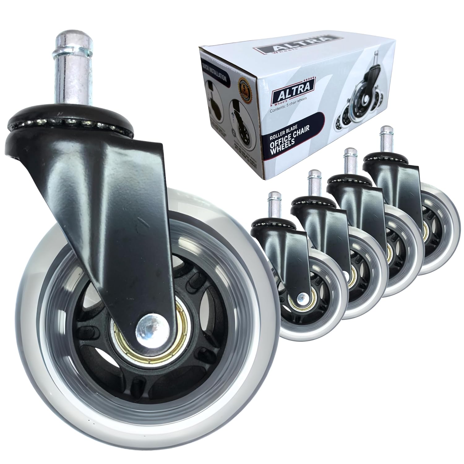 ALTRA Office Chair Wheel Casters, 3-Inch Roller-Blade Type Wheels, Set of 5. Ultra Smooth Rolling, Heavy Duty, Non-Marking.