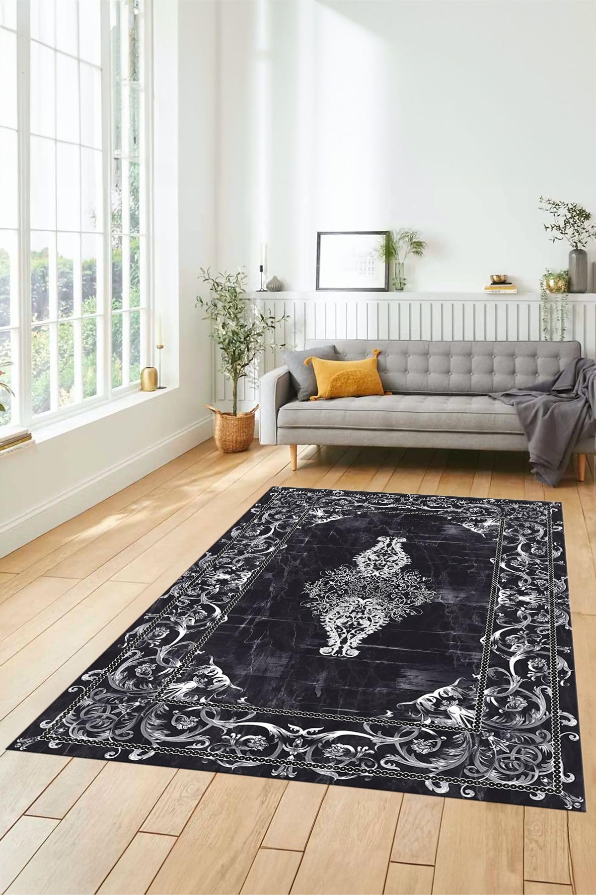 Evdeya Göbekli Klasik Motifli Dijital Kaymaz Taban Yıkanabilir Yolluk Mutfak Salon Halısı KLASİK-28, Antrasit, 60 x 150