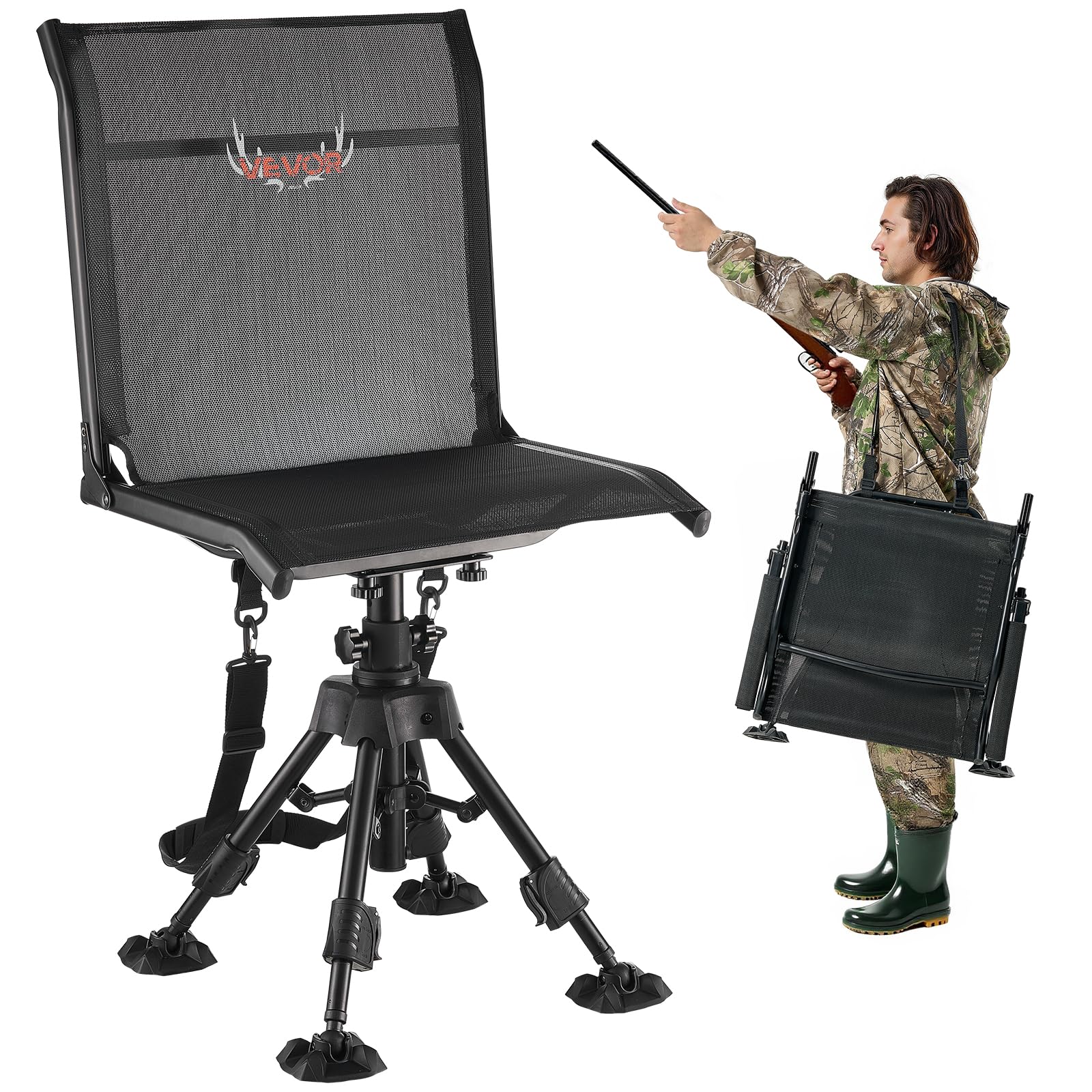 VEVOR Silla de Caza Giratoria Silenciosa de 360°, Plegable, con Estructura de Acero Resistente, Asiento Tipo Taburete con Patas Giratorias Antihundimiento, Carga 158 kg, 570 x 500 x 880-1080 mm