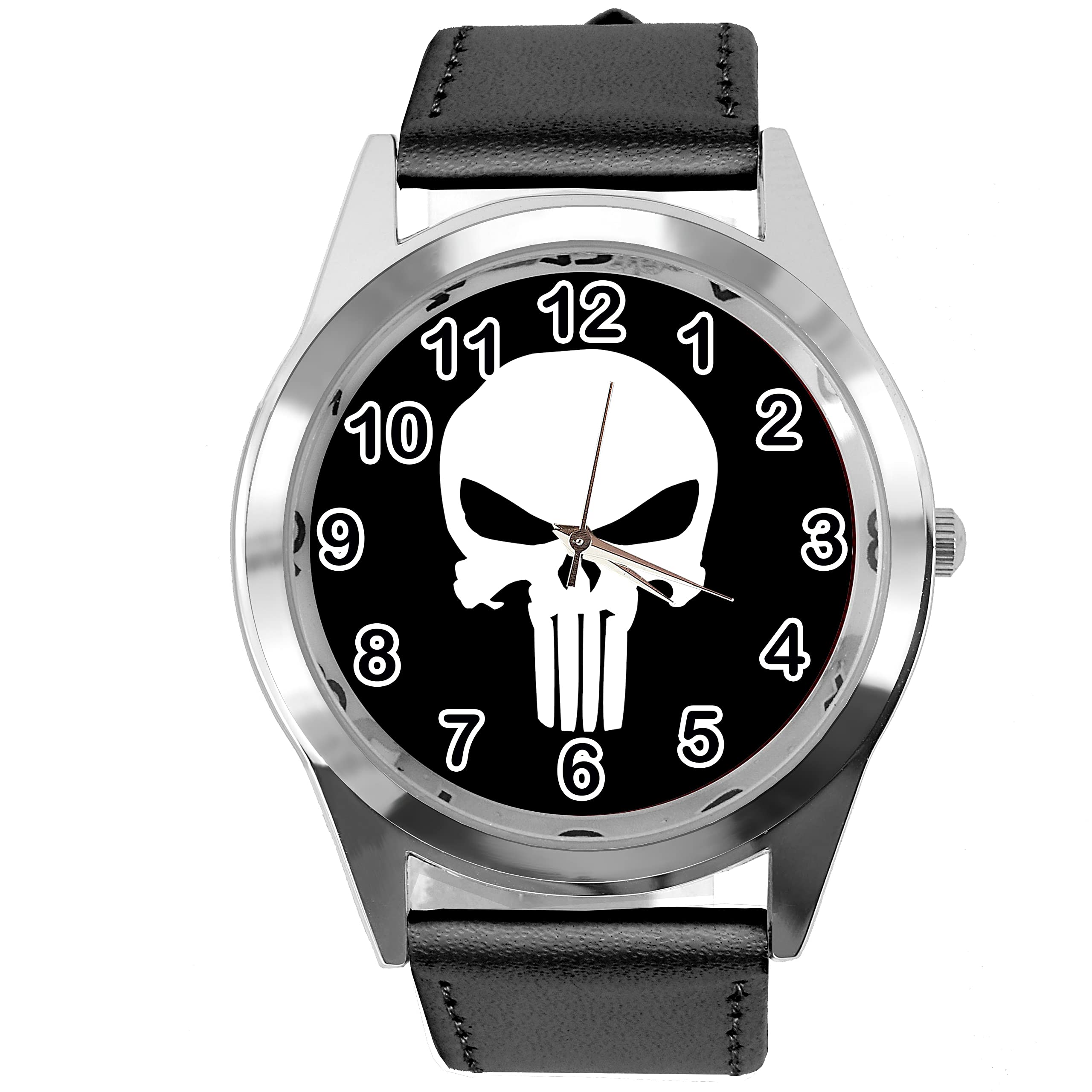 Black Leather Round Watch for Fans of Skull