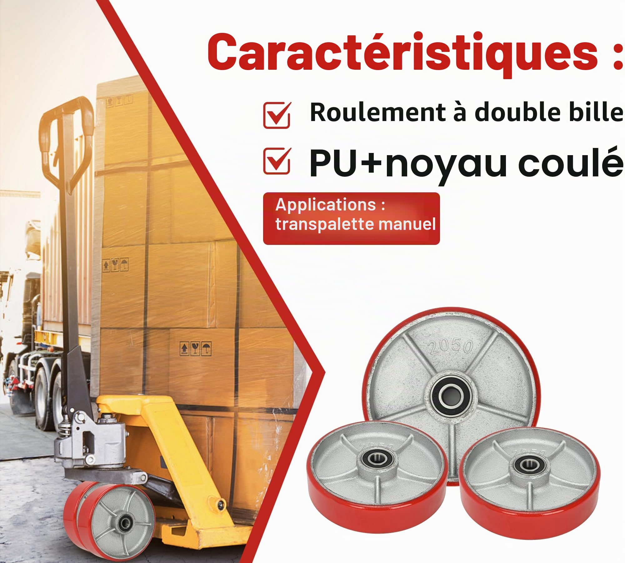 bimiti Lot de 2 roues pour chariot élévateur en polyuréthane/PU Ø200 x 50 mm, axe 20 mm avec roulement à billes, roulettes de rechange, roulette pivotante pour chariots à palettes, charge max. 3000 KG