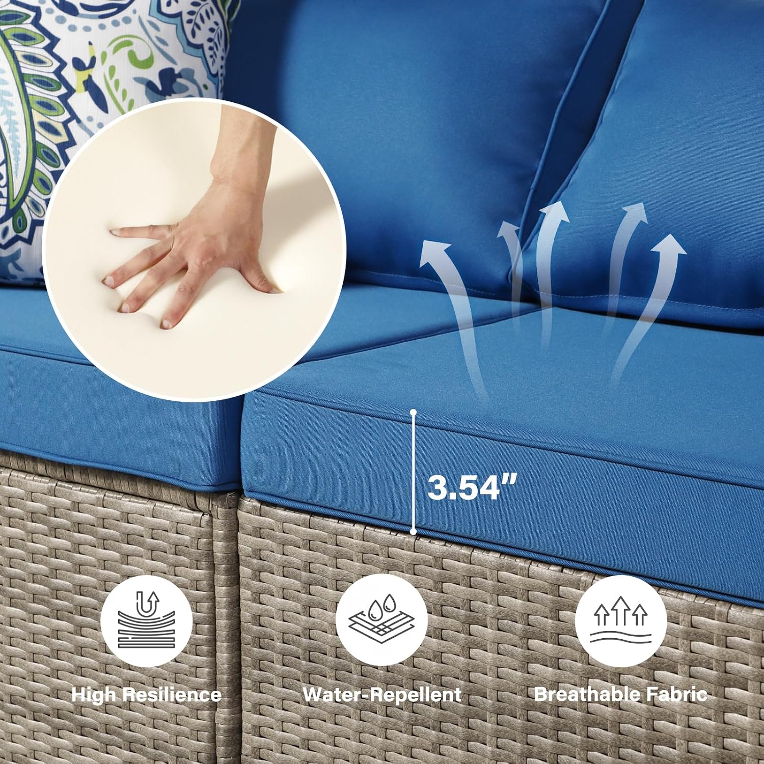 7-Piece Gray Rattan Patio Furniture Sets, Outdoor Conversation Sofa Sets with Water Resistant Blue Cushions & Tempered Glass Coffee Table, Modular Outdoor Sectional Sofa Sets with 2 Pillows
