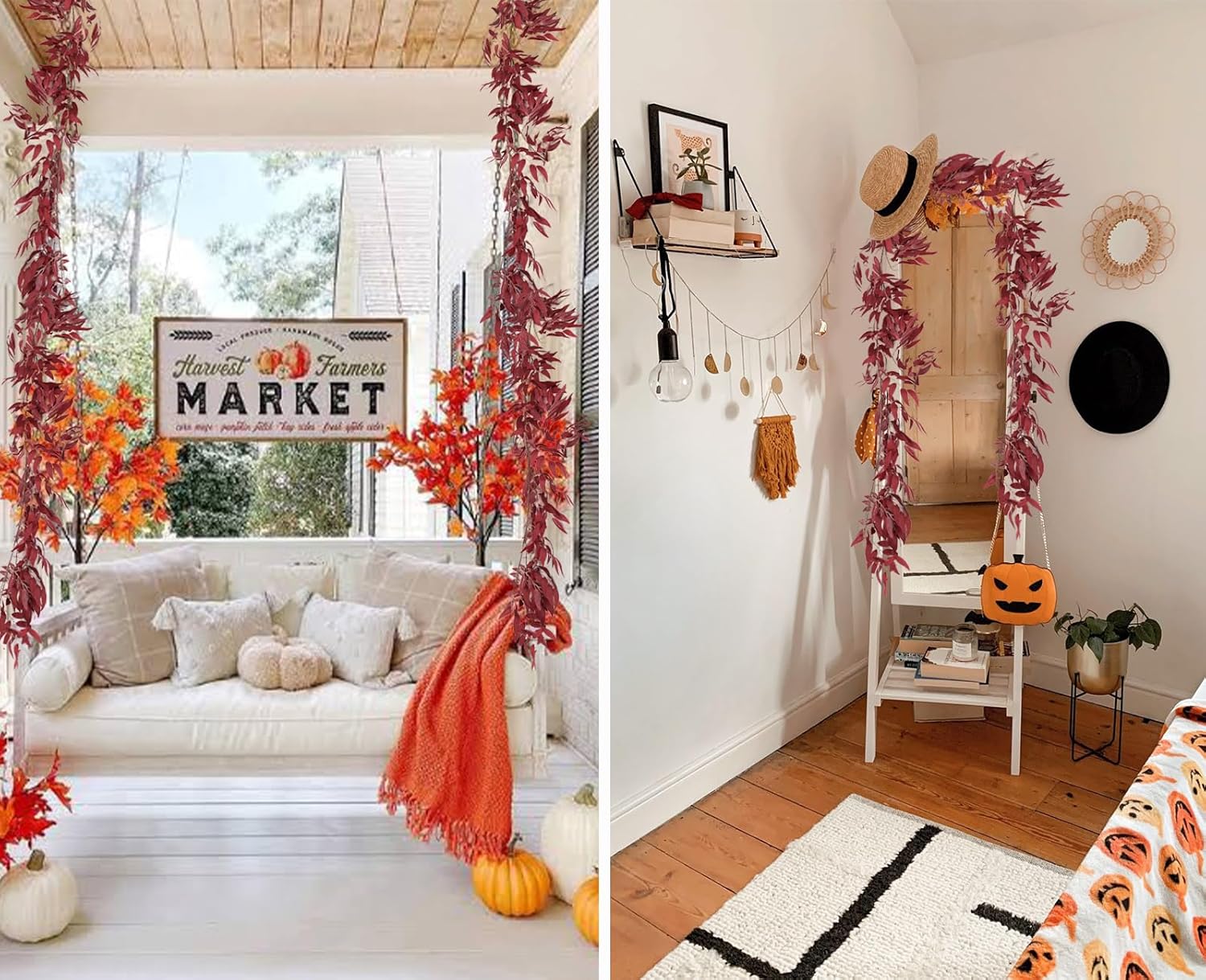 RECUTMS Artificial Hanging Willow Leaves Vine Twigs 2Pcs 5.7Ft Fake Silk Burgundy Leaf Ivy Fall Garland Faux Greenery Indoor Outdoor Valentines Day Wedding Birthday Christmas Thanksgiving Party Decor - Image 9