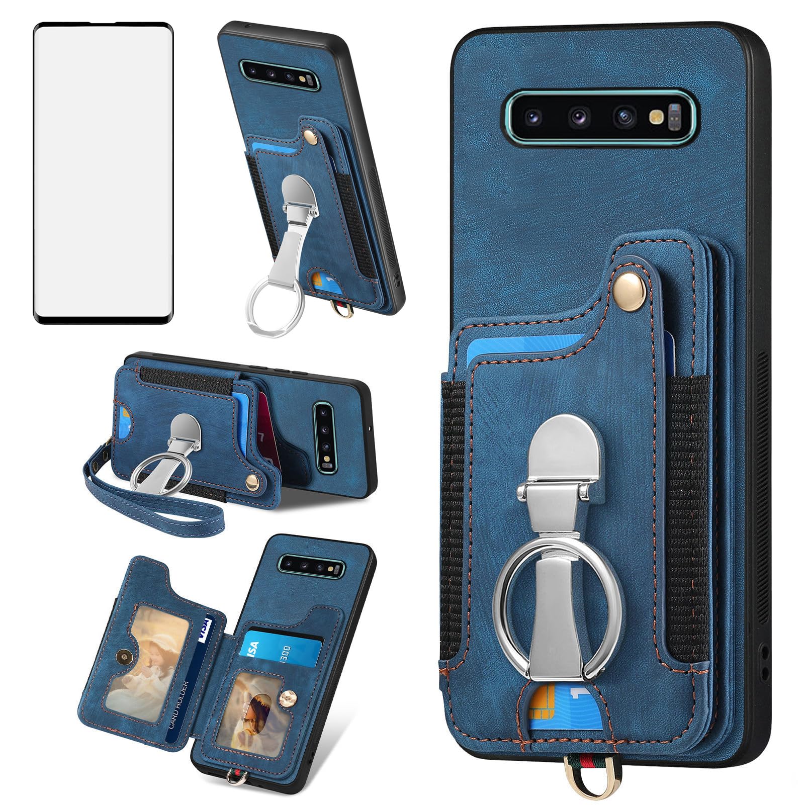 Asuwish Phone Case for Samsung Galaxy S10 Plus with Tempered Glass Screen Protector Wrist Strap RFID Blocking Card Holder Ring Stand Wallet Cover for