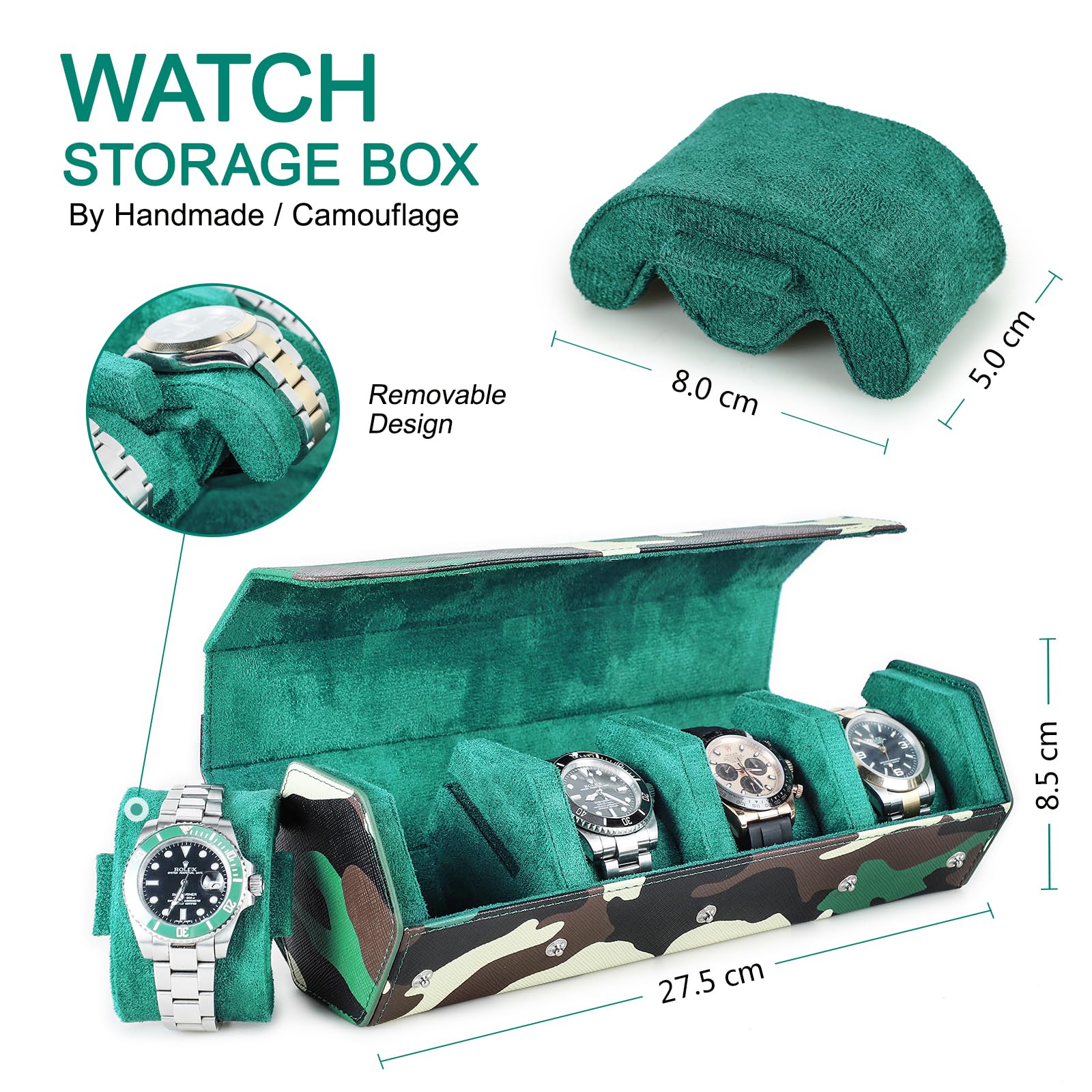 Caja para Relojes de Cuero Hexagonal Hiram, Estuche de Almacenamiento para 4 Relojes con Estampado de Camuflaje, Organizador de Relojes de Cuero antiarañazos Hecho a Mano.