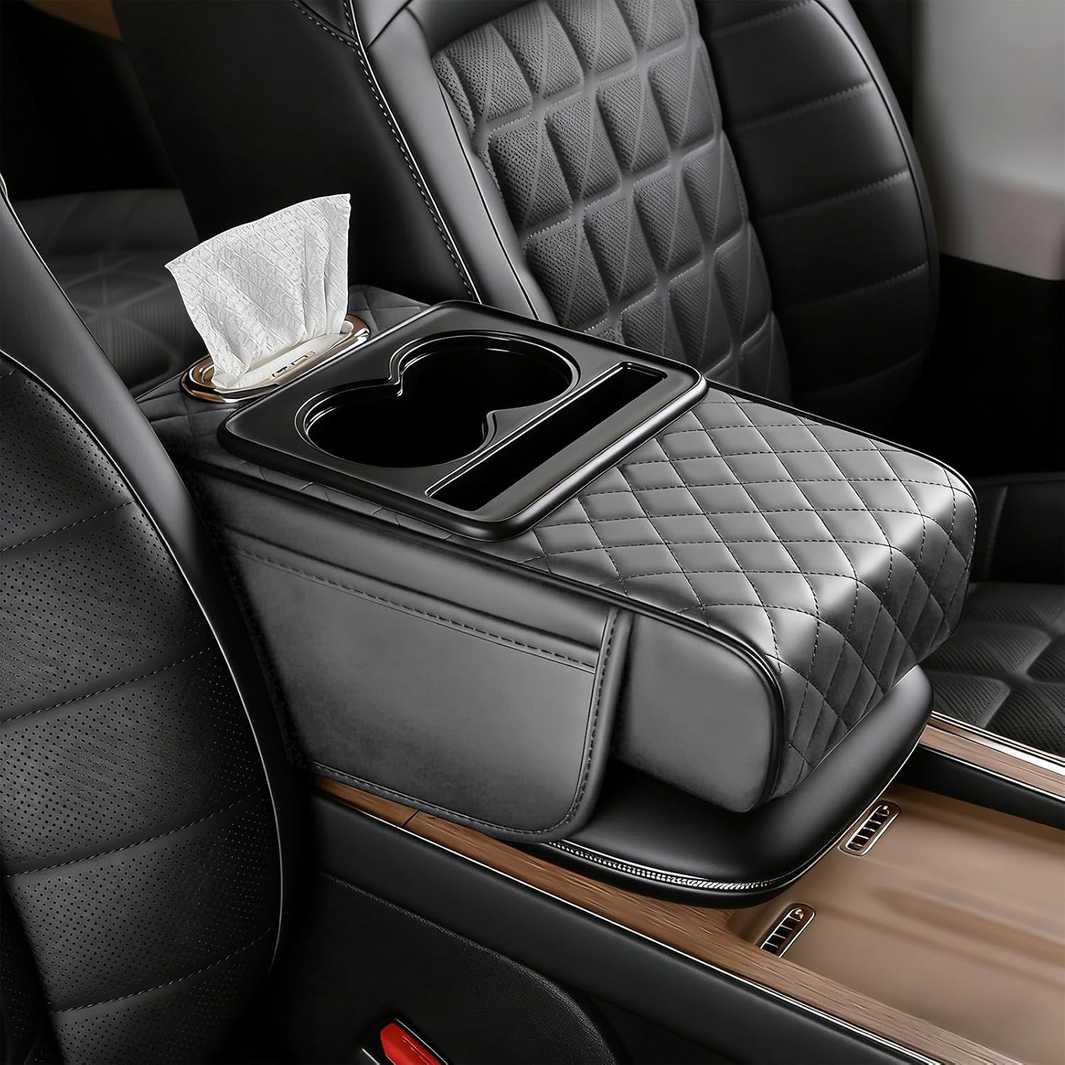Car Armrest Cushion, Car Center Console Cover, Leather Armrest Cover for Car, Universal Middle Console Cushion with Storage Box, Cup Holder, Phone Slot, Waterproof Interior Accessories (black-red)