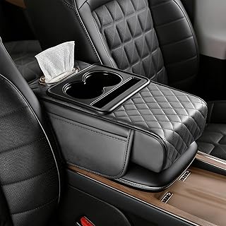 Leather Car Armrest Cover, 5-in-1 Console Cushion with Storage & Cup Holder