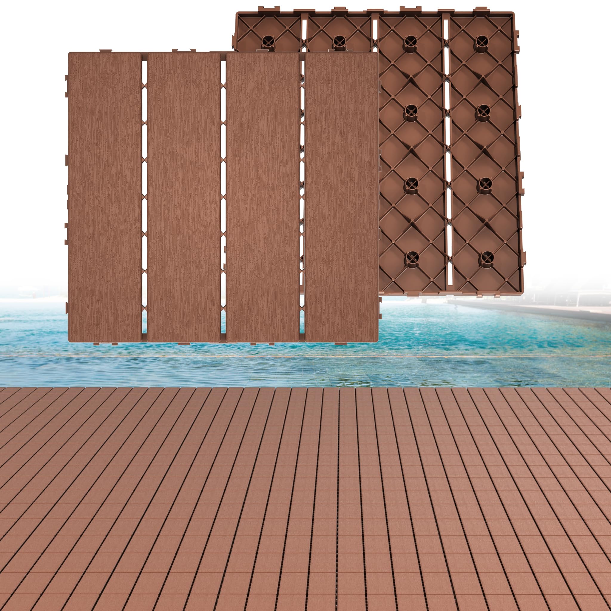 Yunvin Garden Decking Tiles, 30 x 30cm Plastic Composite Interlocking Flooring, Weatherproof Outdoor Drainage Floor Coverings for Patio, Balcony, Pack of 55, Brownish-red