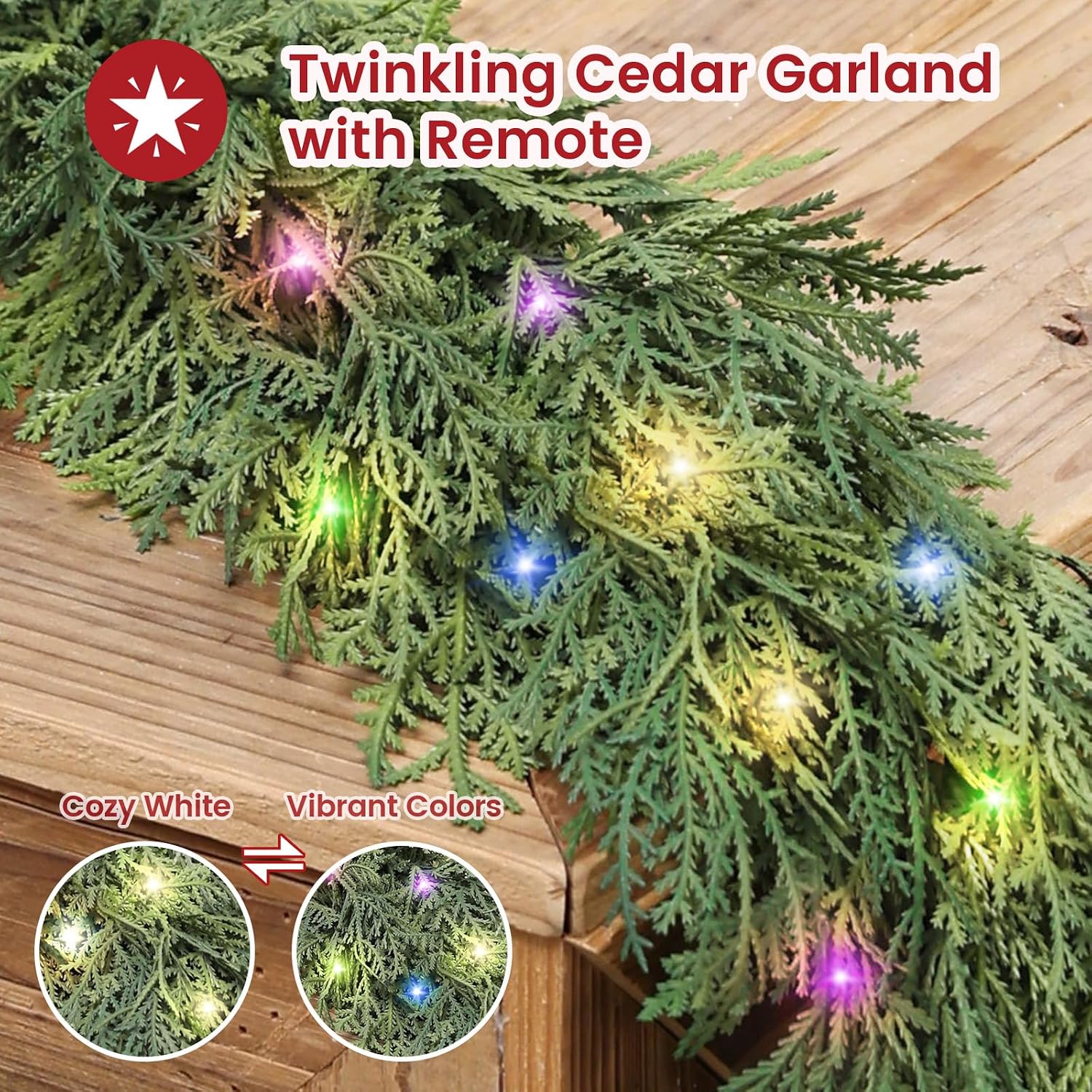 Cedar Christmas Garland for Mantle - Cypress Decorations with Lights 9ft Realistic Lighted Faux Pine Garlands for Xmas Home Decoration 9 ft Prelit Fireplace Indoor Stairs Railing Outdoor Door Decor
