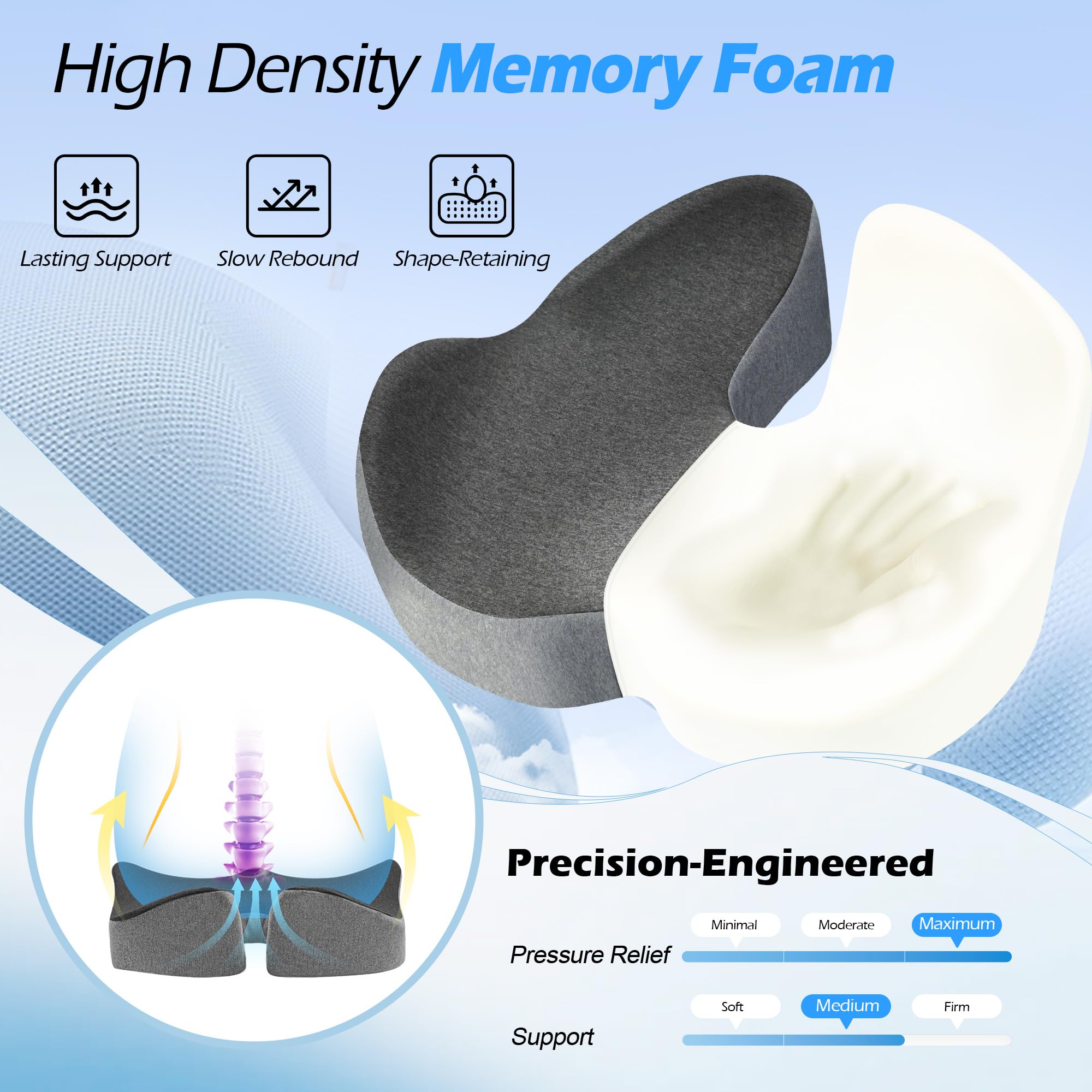 Lofty Aim Cuscino per sedia da ufficio: cuscino ergonomico in memory foam, cuscino per alleviare il dolore al coccige, sciatica, cuscino da scrivania per sedia da ufficio, seggiolino auto, aereo