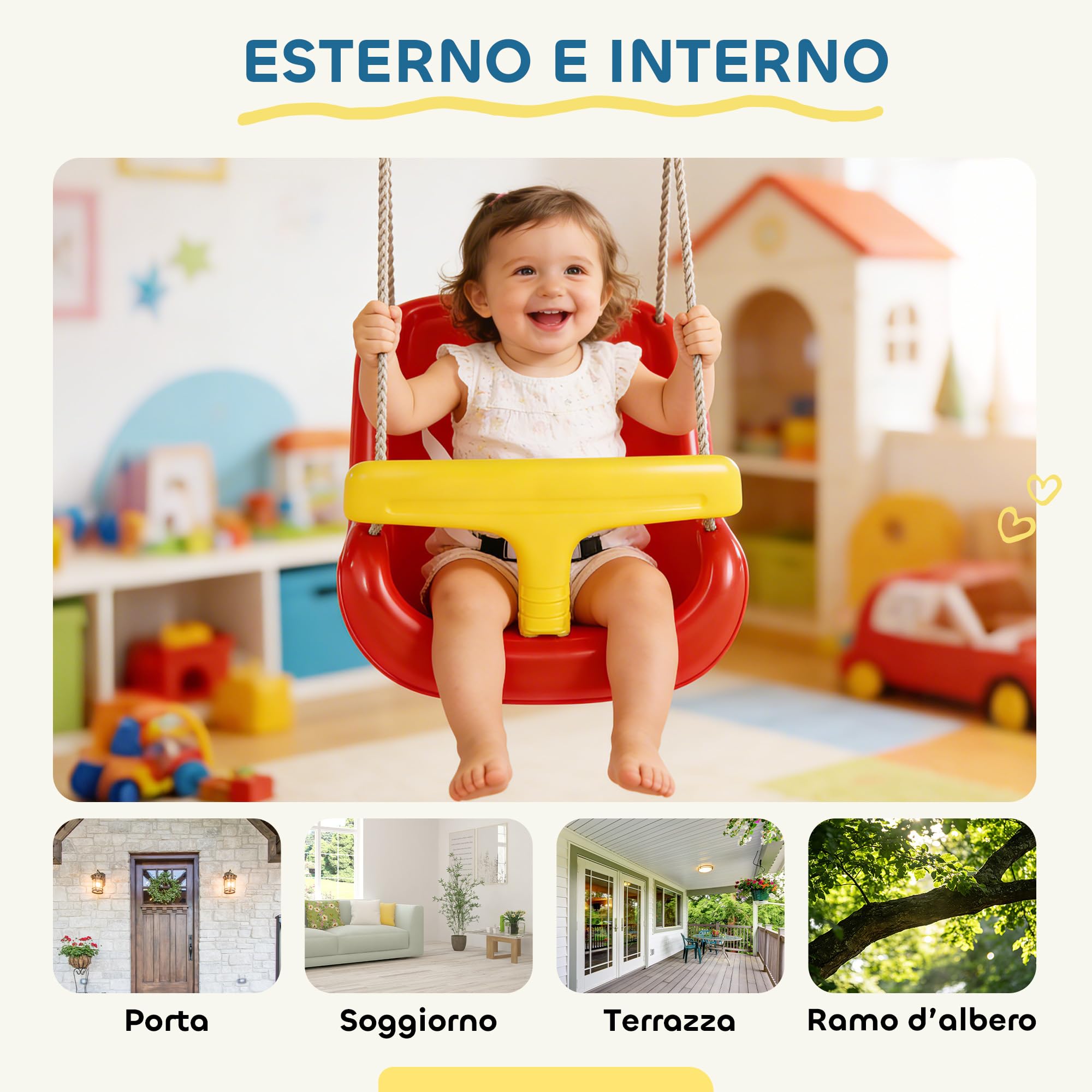 AIYAPLAY Altalena per Bambini da Interno ed Esterno, Altalena da Giardino per Neonati e Bimbi 9-36 Mesi, Corda Regolabile e Cintura di Sicurezza