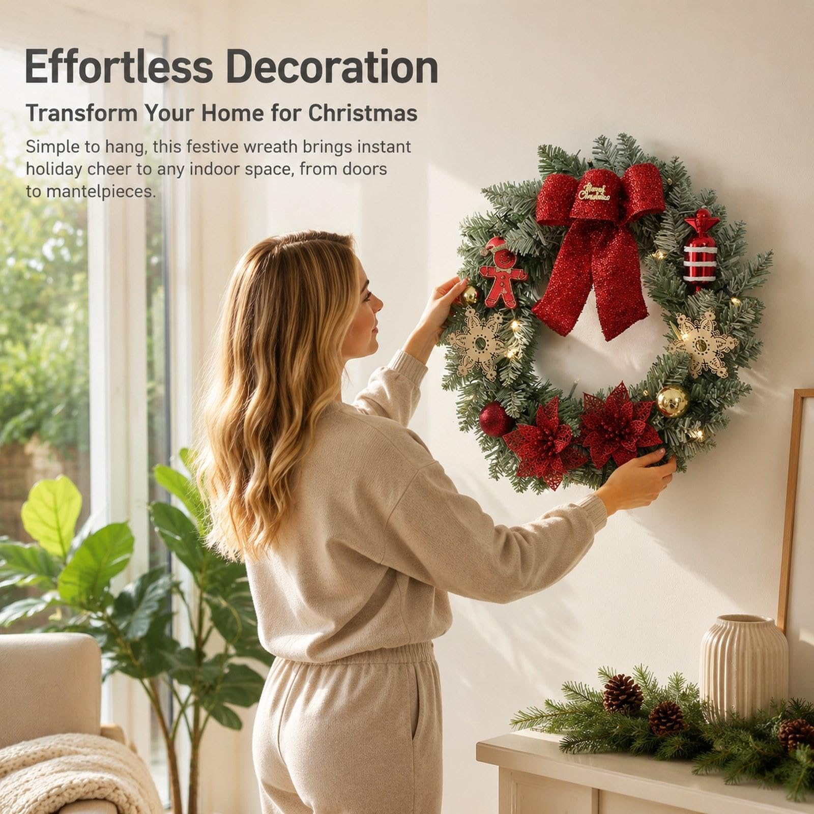 Corona de Navidad Artificial Guirnalda Adorno Y Decoración para Pared Materiales Madera Y PP con Efecto Natural Adecuada para Puerta Ventanas Chimenea, Dulce, Individual