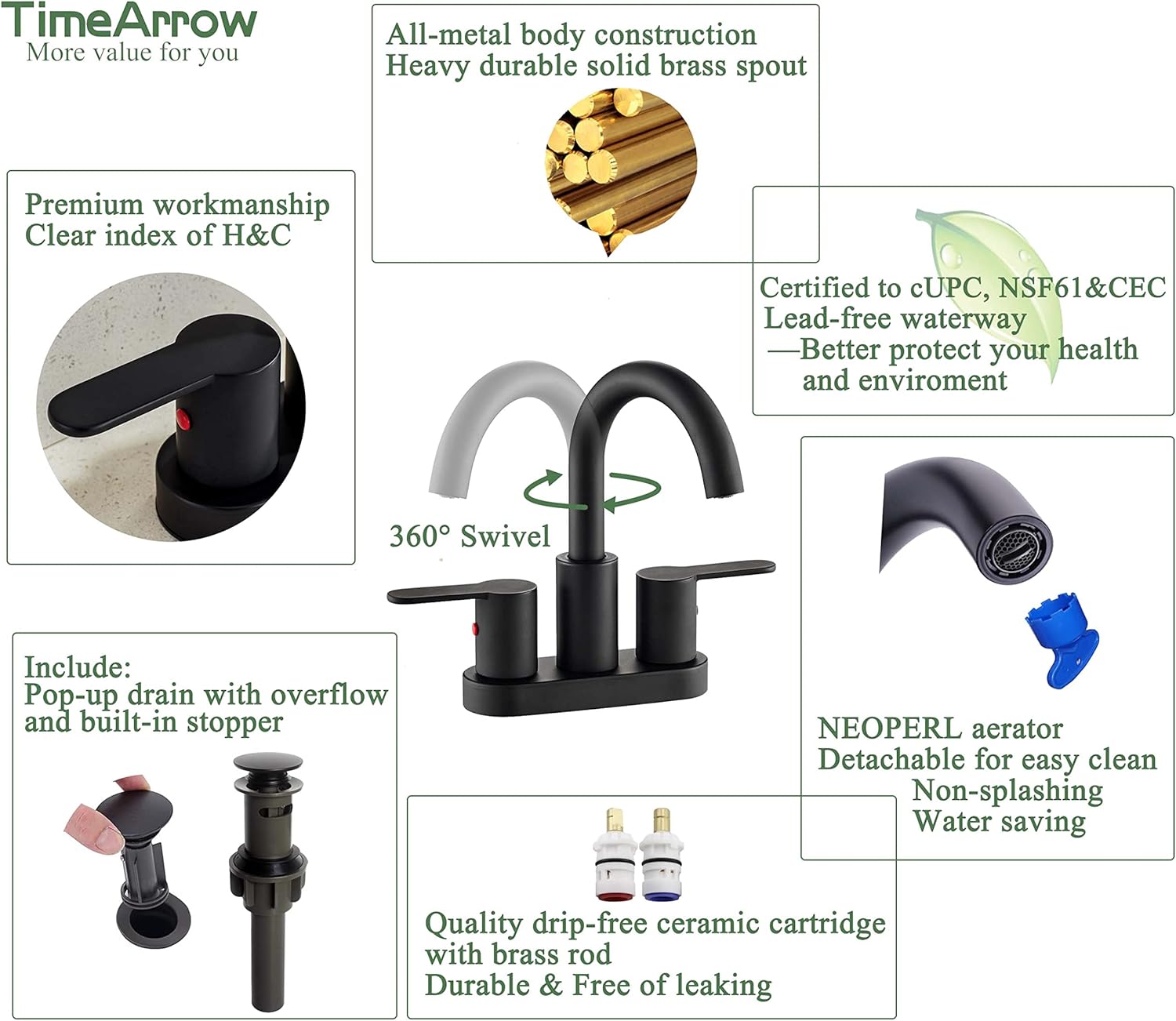 Matte Black Two Handle Centerset Bathroom Sink Faucet with Pop up Drain, High Arc Modern 4 Inch Bathroom Vanity Lavatory Faucet 3 Holes with Brass 360° Swivel Spout, TAF067E-MB - Image 4