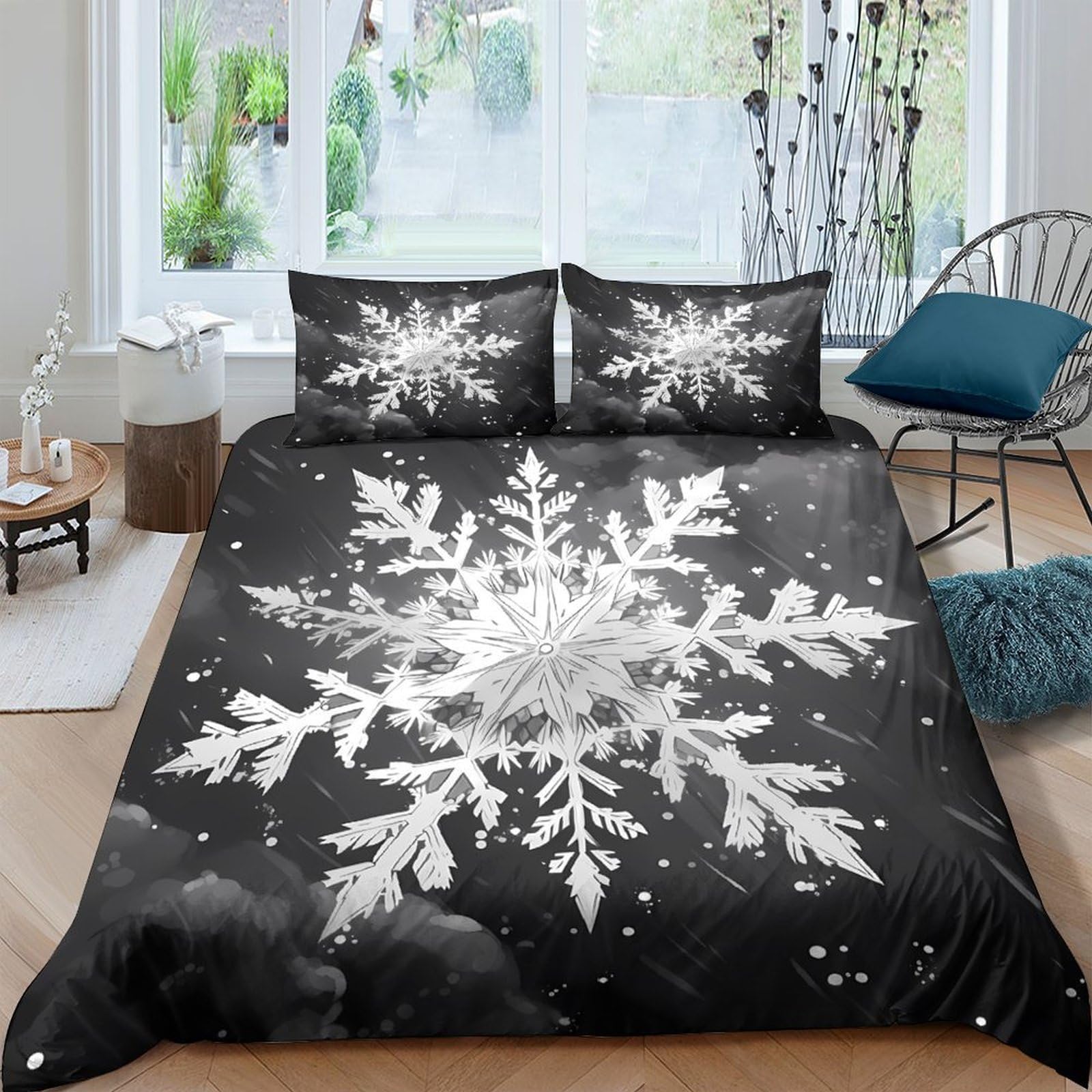 Ctjqhvkz Style-5 3D Printed Snowflake Black Fitted Sheet Microfiber Soft Bed Sheet Winter Bedroom Mattress Cover For Home Decor Single（135X200cm）