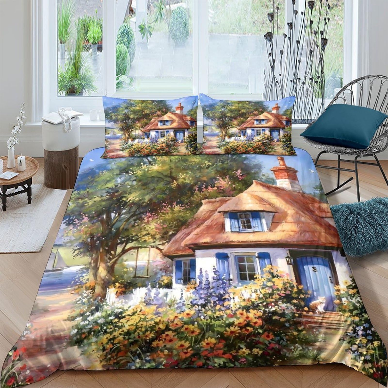 Ctjqhvkz Style-4 3D Printed Cottage Garden Fitted Sheet Microfiber Soft Floral House Mattress Cover For Bedroom Dorm Decor Single（135X200cm）