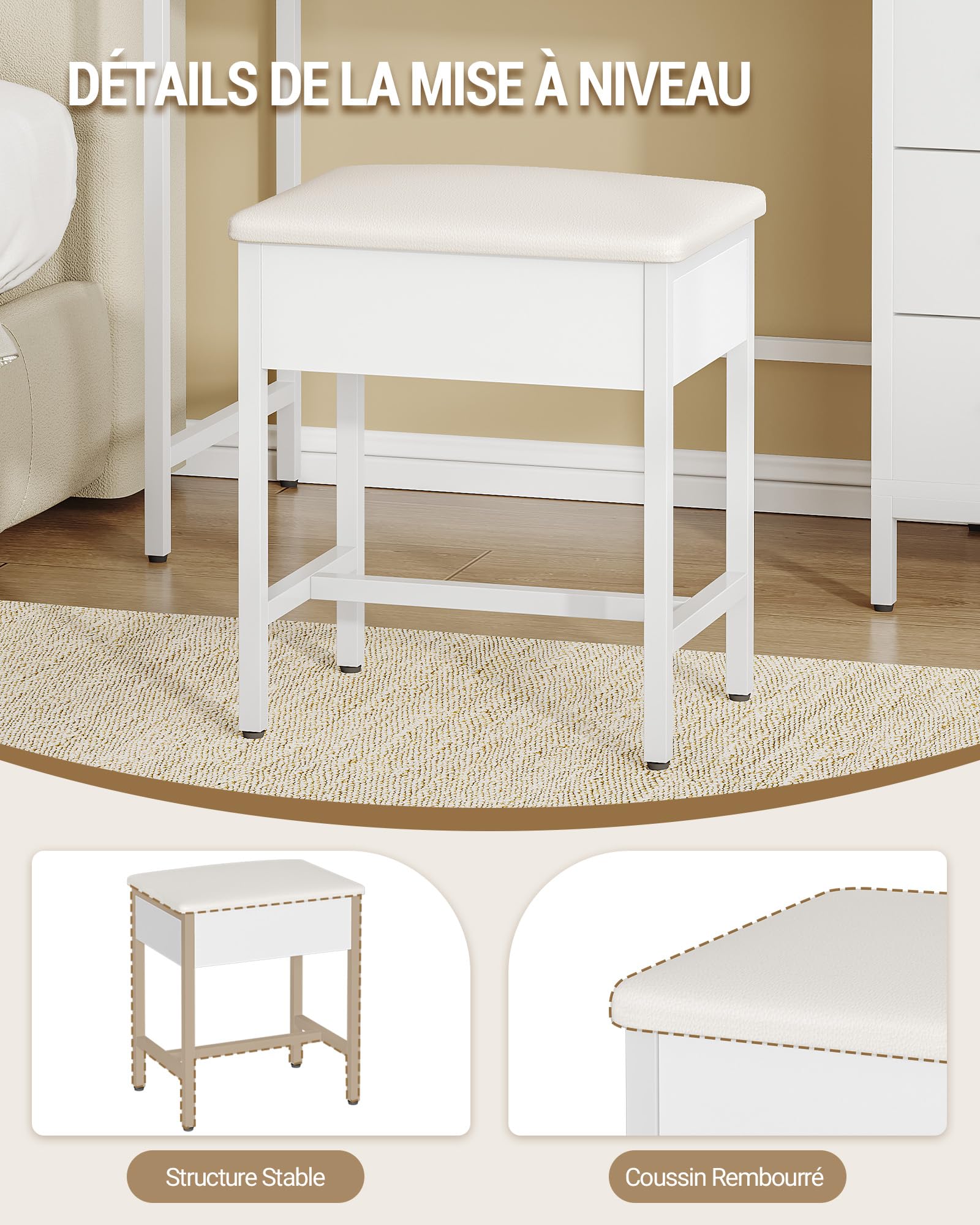 Hzuaneri Tabouret De Coiffeuse, Repose Pieds De Salon, Banc De Chambre, Tabouret De Coiffeuse Rembourré, IdéAl pour Le Dressing, La Chambre à Coucher Ou L'EntréE, 30 x 40 x 46 cm, Blanc VS32503X