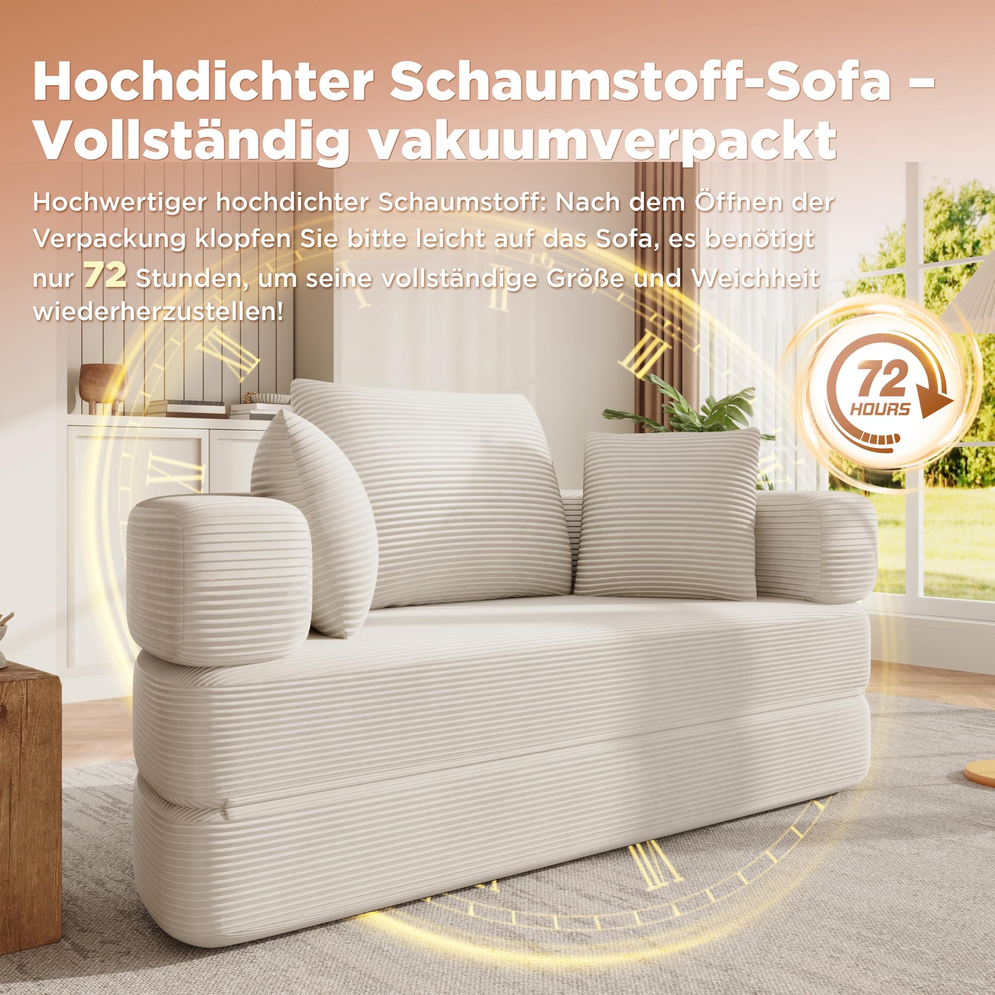 Divano letto 2 posti pieghevole multifunzionale autoportante, divano senza struttura, Letto ovale con cuscini, divano modulare, tessuto di velluto a coste (173 x 176 cm), Beige chiaro