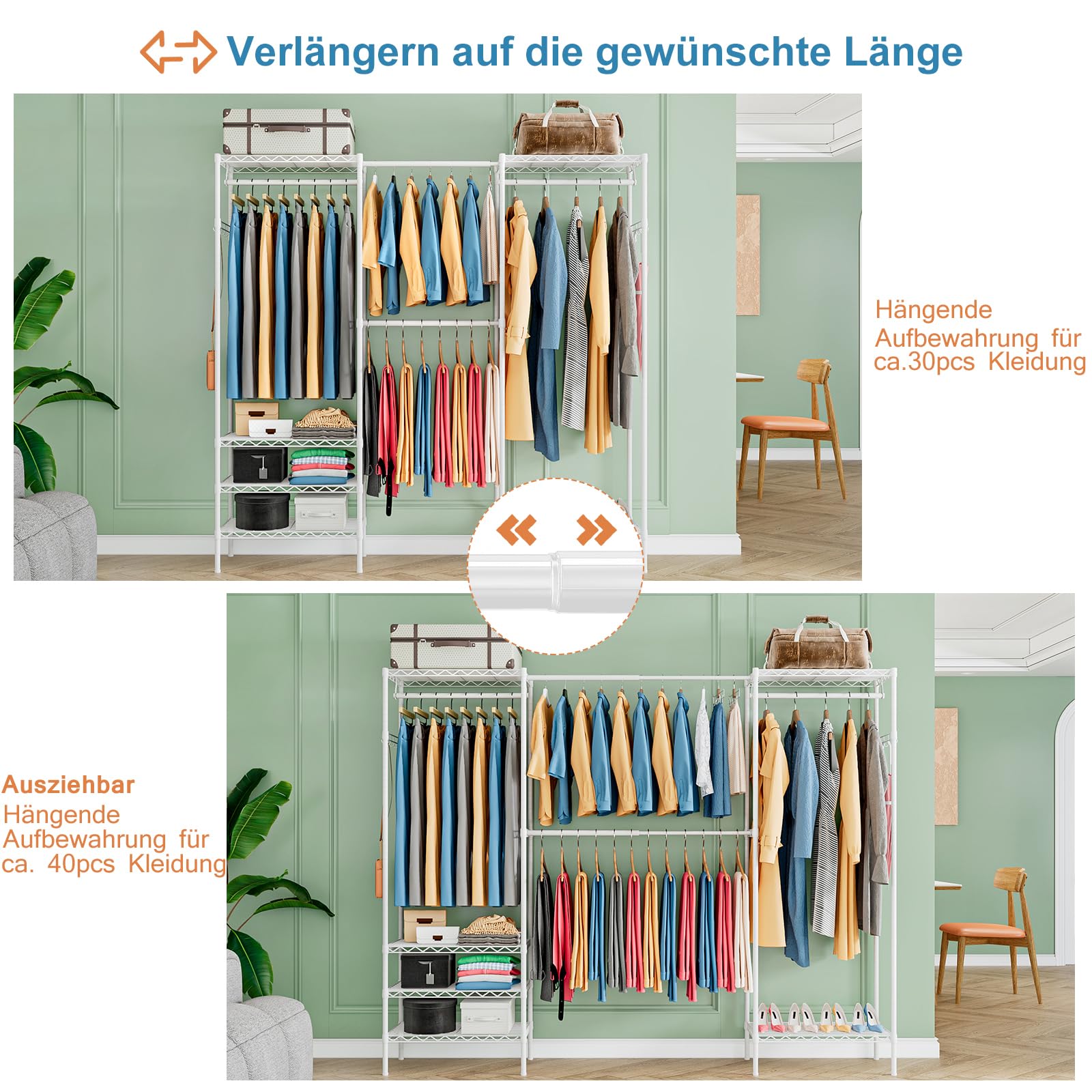 Erweiterbar Kleiderständer,Kleiderstange,(70.2-88.2”) Lx13.9”Wx71.2”H Schwerlast Kleiderständer Metall Garderobenständer Kleiderbügel Kleiderschrank mit Haken (Weiß)