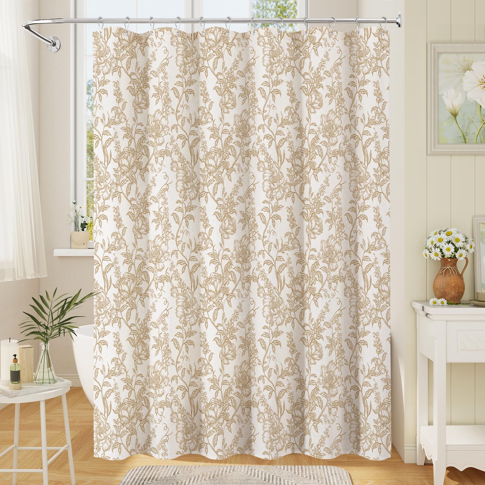 Craidlela Long Farmhouse Floral Shower Curtain, Vintage Botanical Print for Rustic Bathroom Decor, Linen Blend Garden Bathroom Curtain, Boho Brown Shower Curtain 72x78 Inch