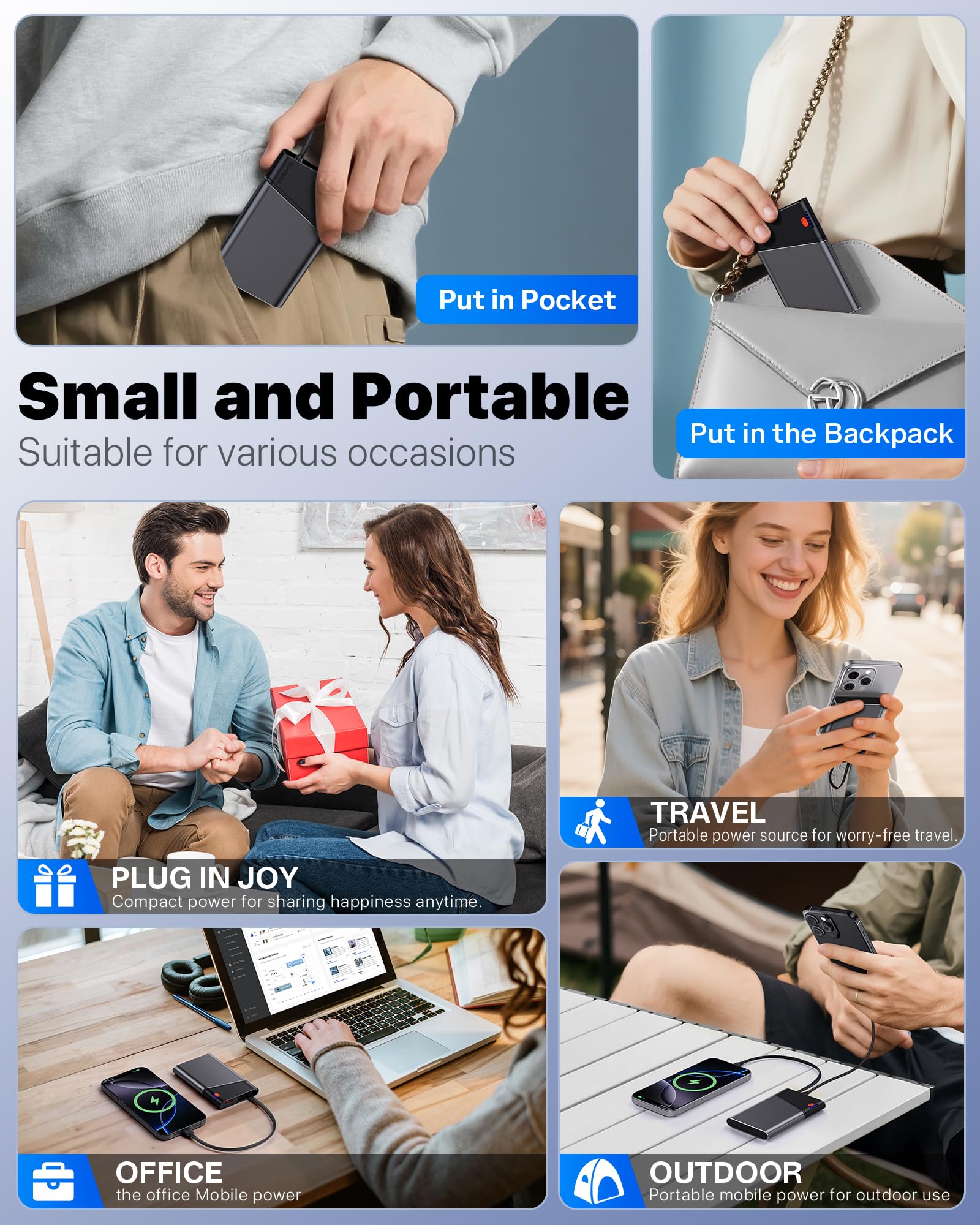 Portable Charger Power Bank, 10000mAh 22.5W PD Super Fast Charging Powerbank with Built-in USB C in&Out Cable, Slim External Phone Battery Pack for iPhone 17/16/15 iPad Samsung S24 Android etc