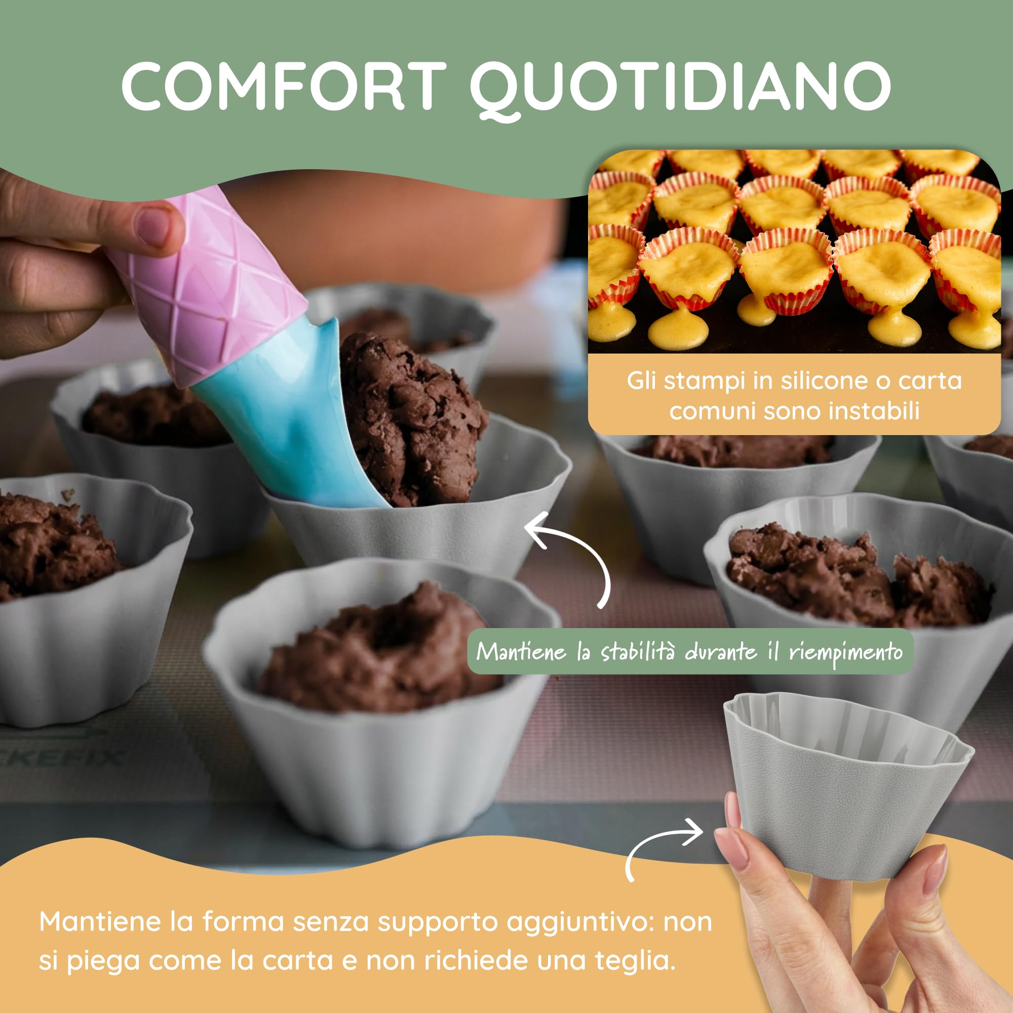 Backefix Stampi per muffin riutilizzabili in silicone senza BPA, in set da 24 pezzi, conformi agli standard tedeschi, antiaderenti senza grassi, stabili e spessi, stampi per muffin singolarmente da