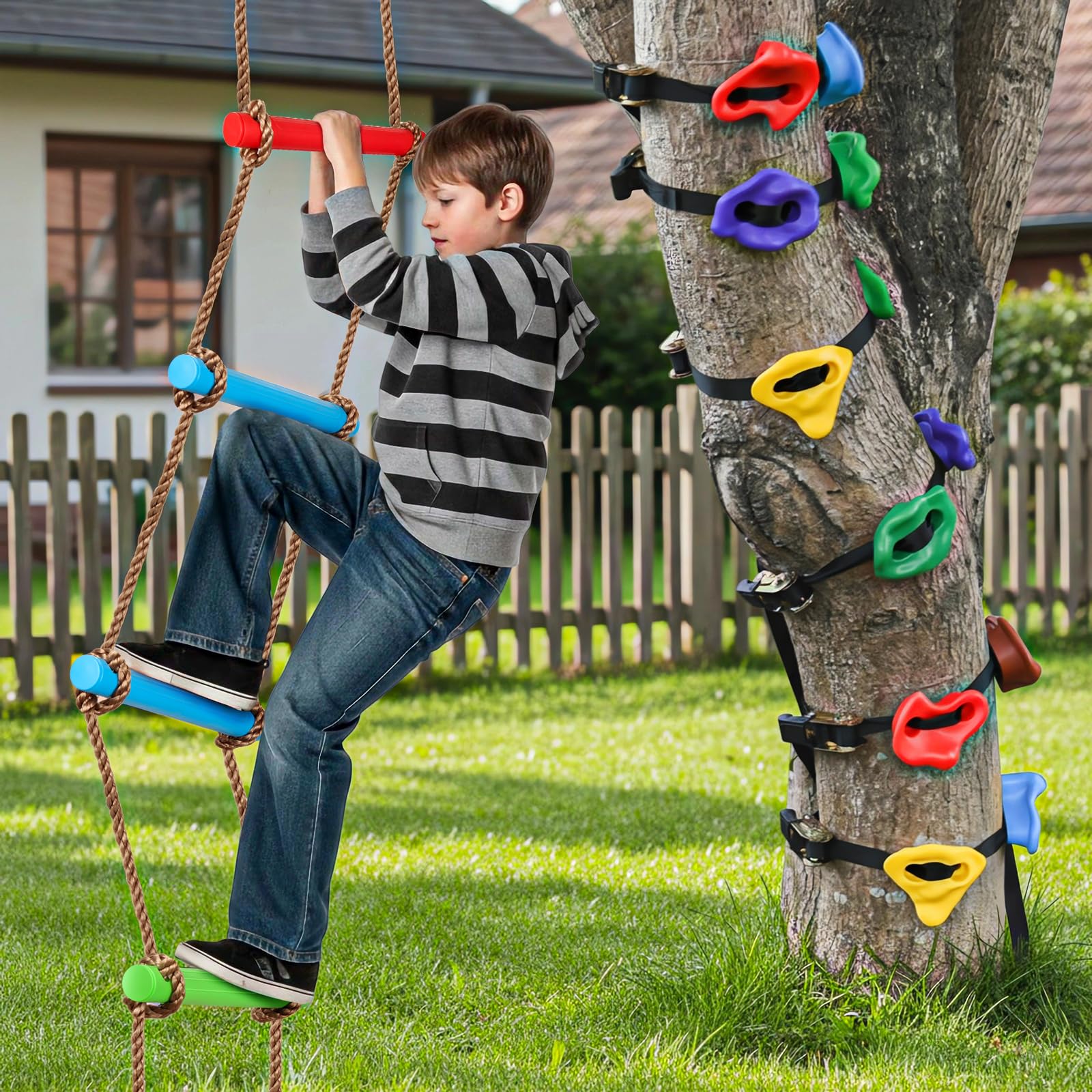 TOPNEW 12 soportes de escalada de árboles Ninja para trepador de árboles, kit de escalada de árboles con escalera de cuerda de 6.6 pies para entrenamiento al aire libre de la carrera de obstáculos