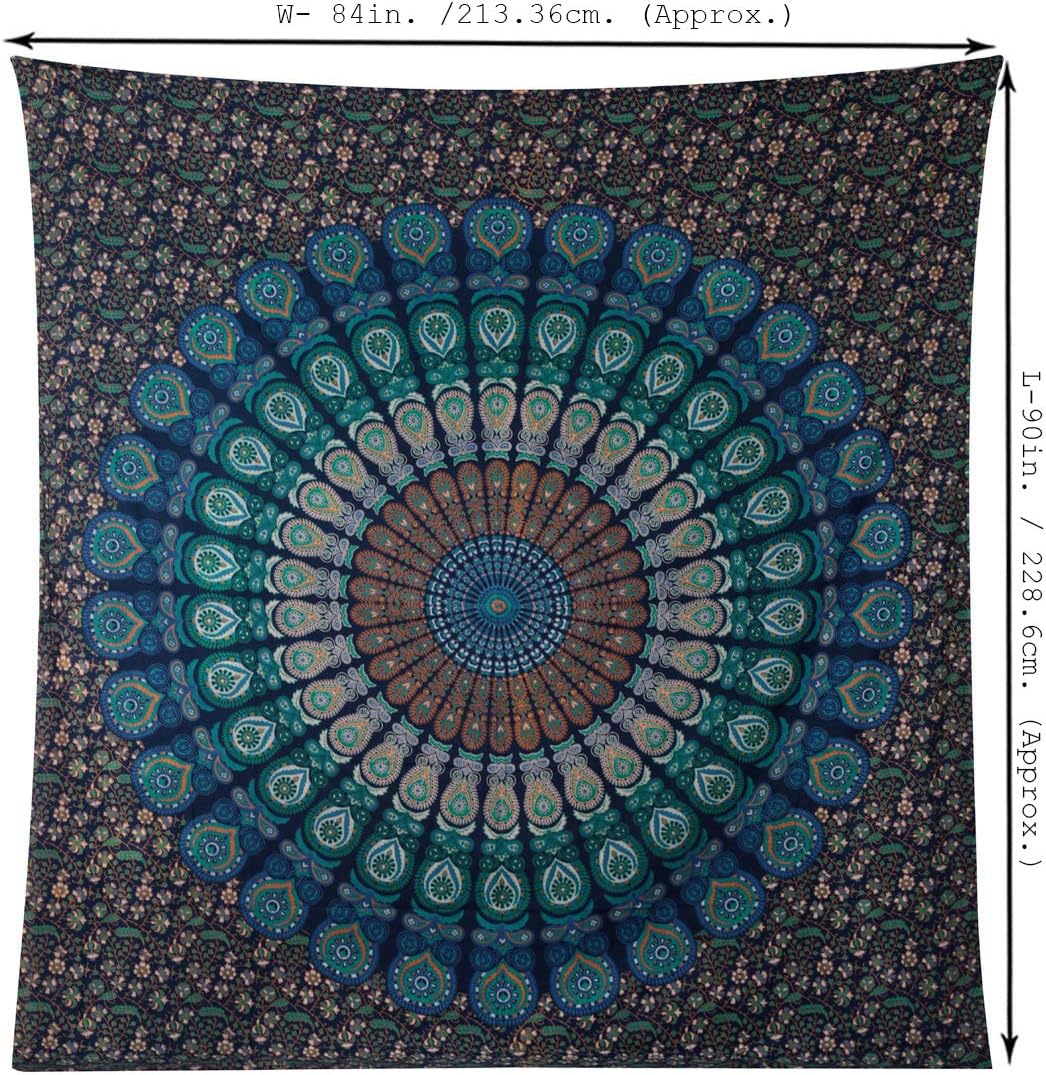 RAJRANG Blue Mandala Tapestry Queen 90 x 84 Inch Cotton Wall Hanging Bedspread Hippie Peacock Wall Tapestries