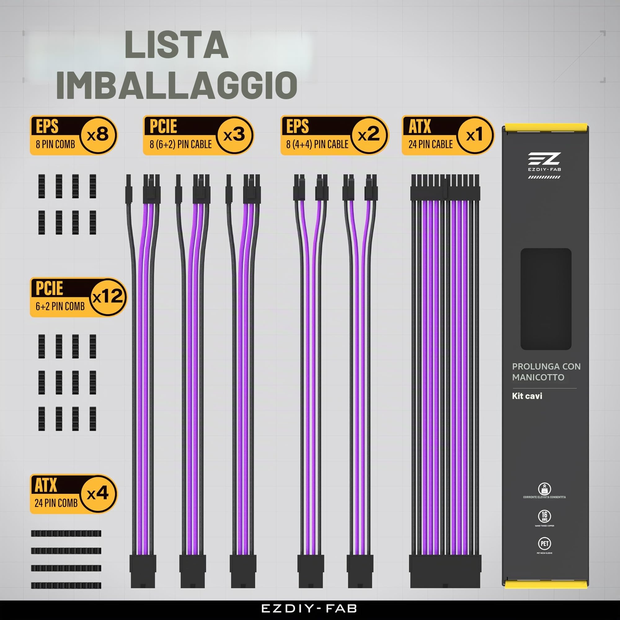 EZDIY-FAB Kit di Estensione del Cavo PSU,Estensione del di Alimentazione 16AWG-1x24Pin/2x4+4 EPS/3x6+2 PCI-E,Cavo con Manicotto per PC Personalizzato 300MM con Pettini-Nero Viola