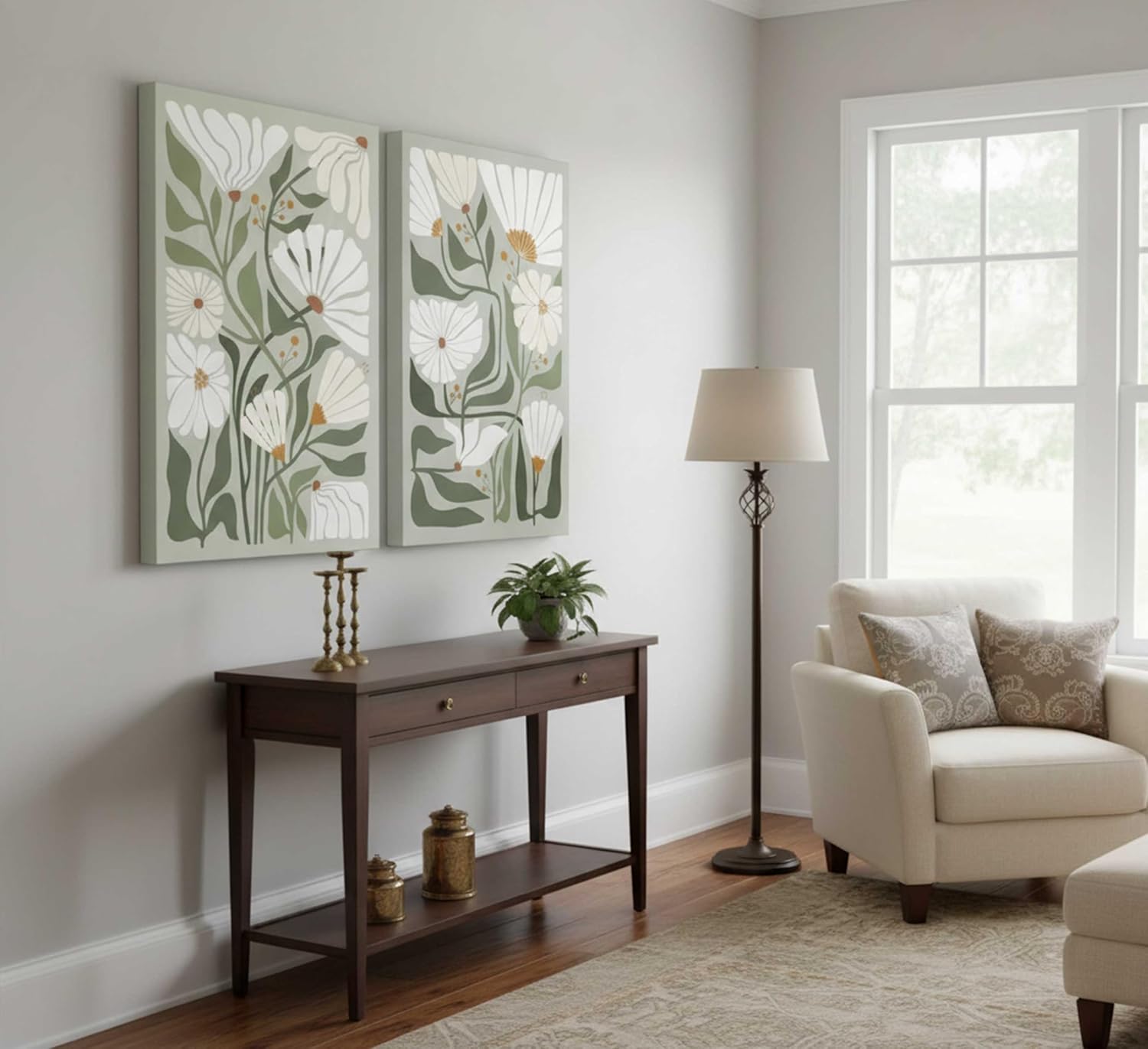 2 Pcs Boho Wildflowers Canvas Wall Art Green Bohemia Abstract Floral Botanical Painting Picture Wall Decor Poster Print Artwork for Living Room Bedroom Bathroom Home Decoration