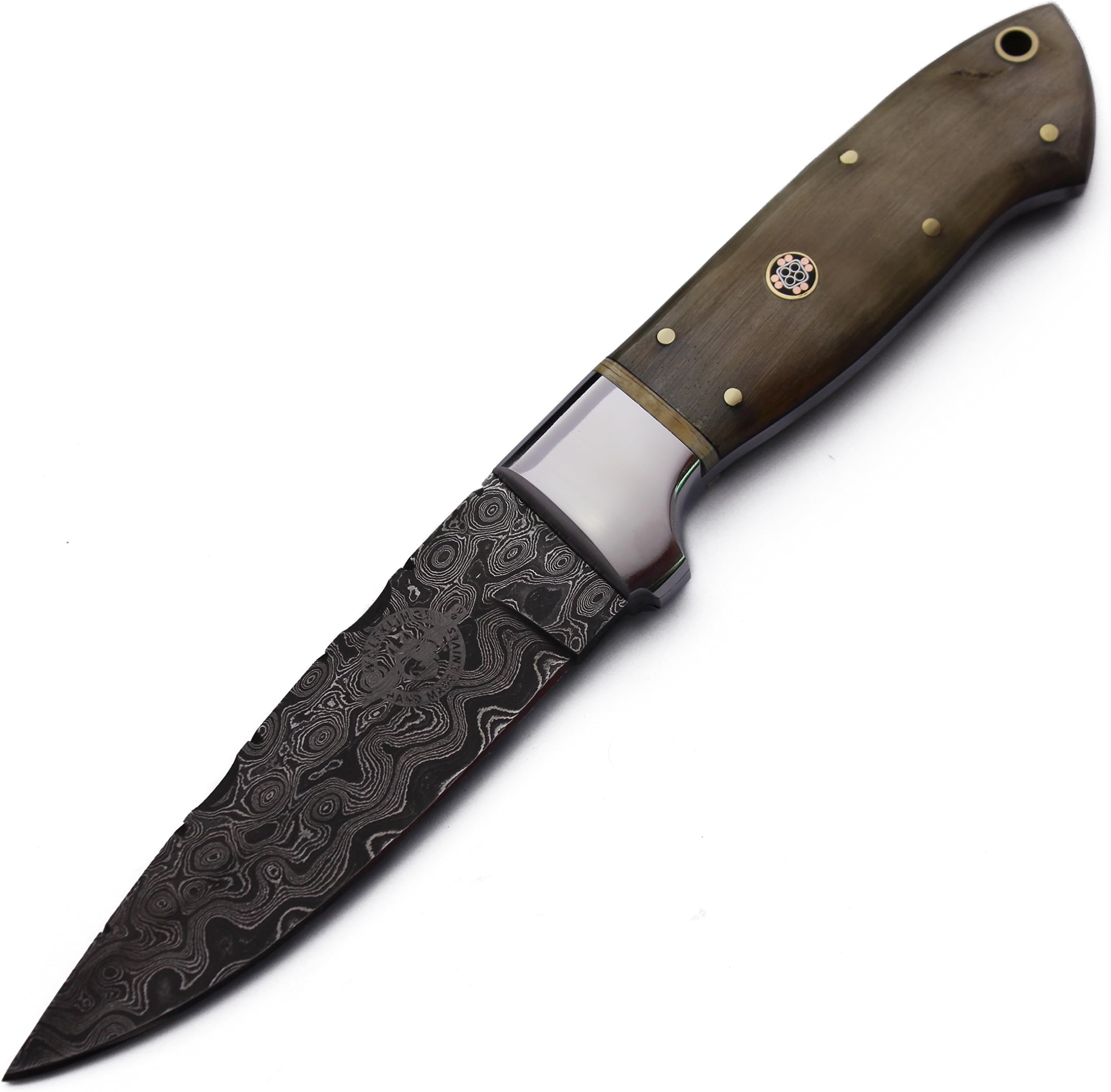 DCX17-58 Handmade Damascus Steel Hunter, Sheep Horn Handle, with Cowhide Leather Sheath