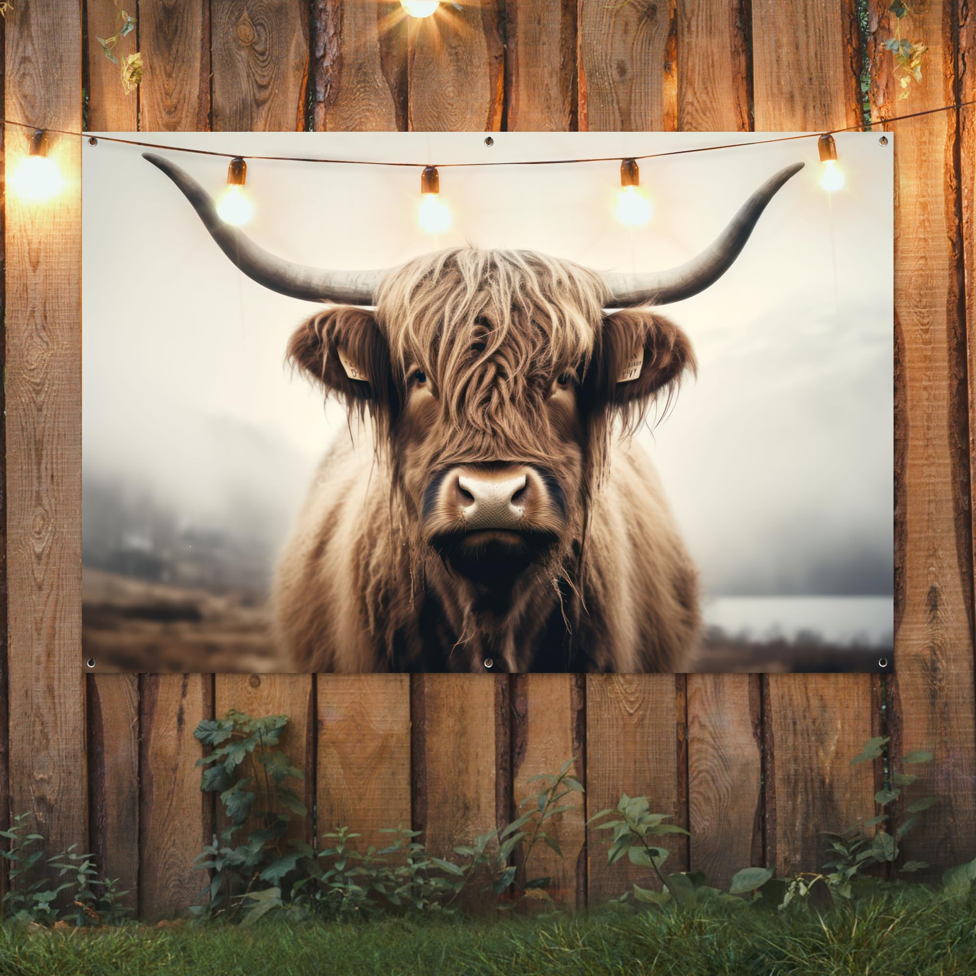 MuchoWow© Poster De Jardin Decoracion Balcón Wall Decoration Adornos Pared | 180x120 cm - Terraza Exterior Decoración Patio Posters Decorativos Highlander escocés - Cuernos - Paisaje