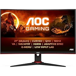 AOC Gaming CQ27G2SE Monitor curvo QHD de 27", Adaptive Sync, 2560 x 1440, 165 Hz, HDMI 1.4, DisplayPort 1.2, Negro/Rojo