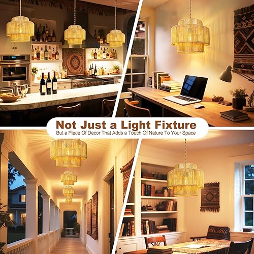 Miniatura 6 de Lámpara colgante de ratán - iluminación colgante de 16.4 pies con cable enchufable, enchufe a toma de pared, interruptor de encendido y apagado;