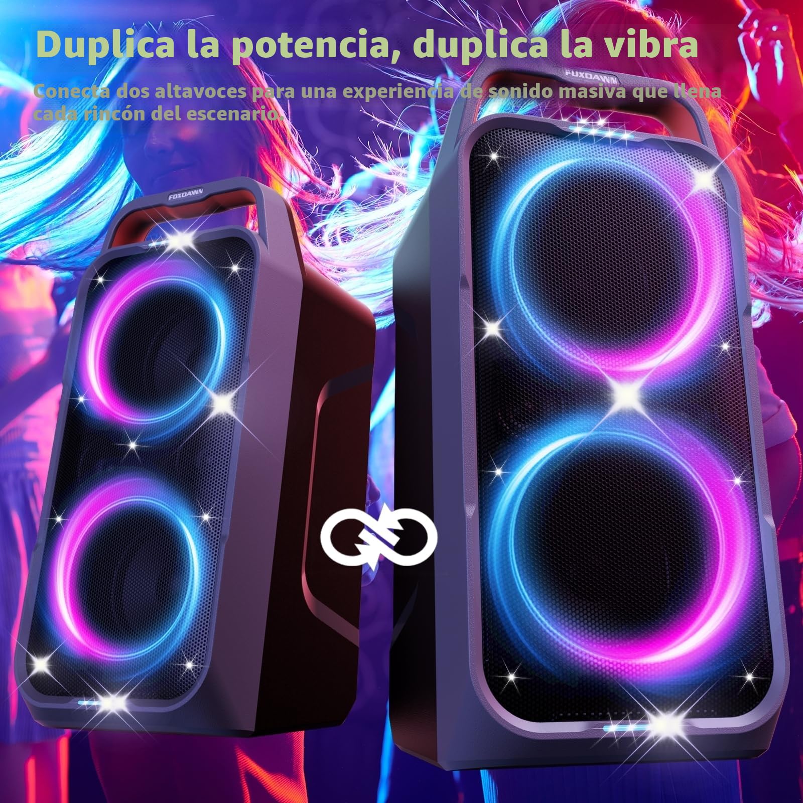 Foxdawn Altavoz Bluetooth Portátil Potente, 240W Peak Sonido Fuerte, Super Bass, Altavoz Bluetooth Grande, Batería 20H, Luces Geniales, TWS Estéreo y Bluetooth 5.3 para Fiestas, Camping, Playa (Black)