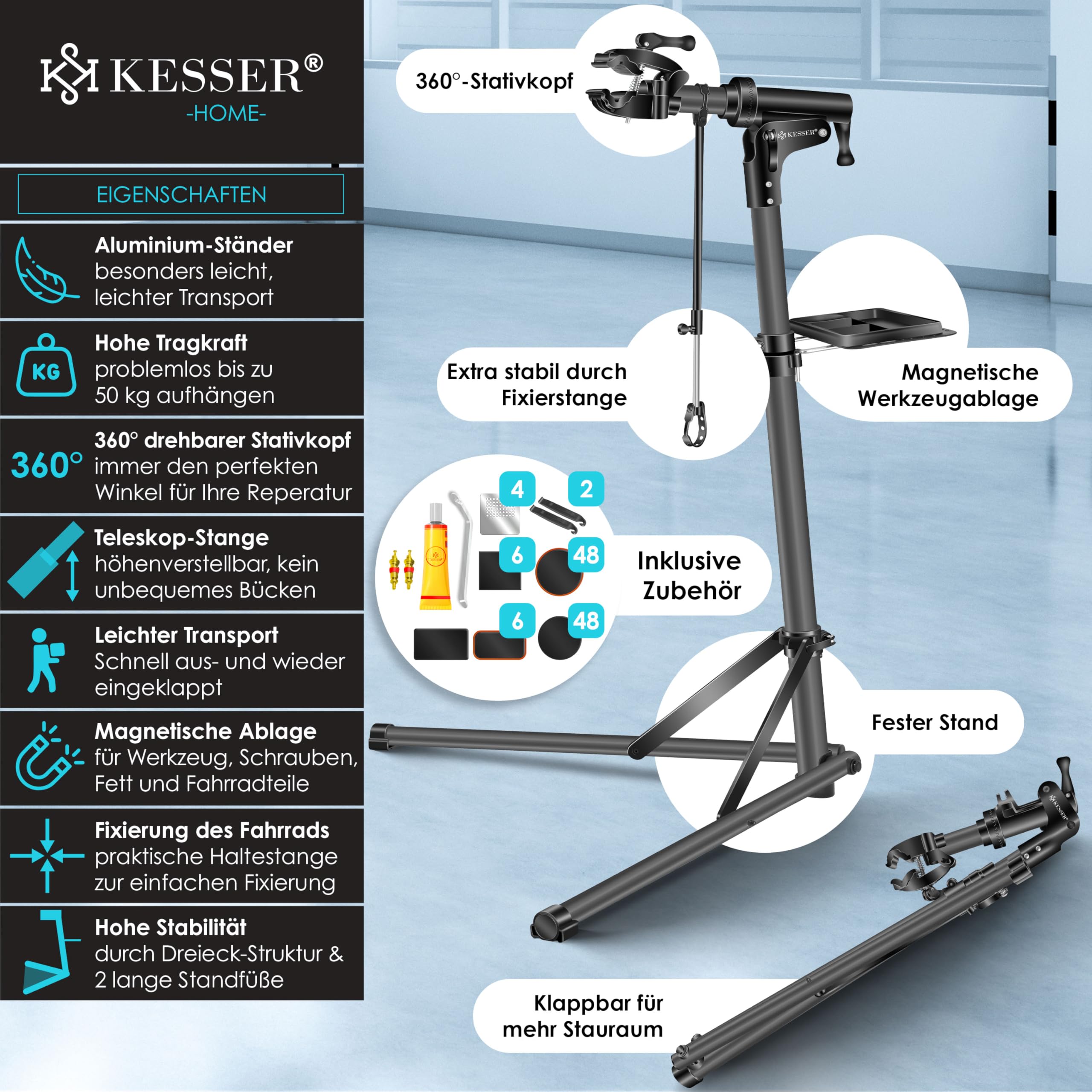 KESSER® Fahrradmontageständer Profi Alu Reparaturständer für Fahrräder Mountainbikes E-Bikes Schwerlast-Montageständer Fahrradständer 360° drehbar + Tasche, Flickzeug Set & magnetische Werkzeugablage