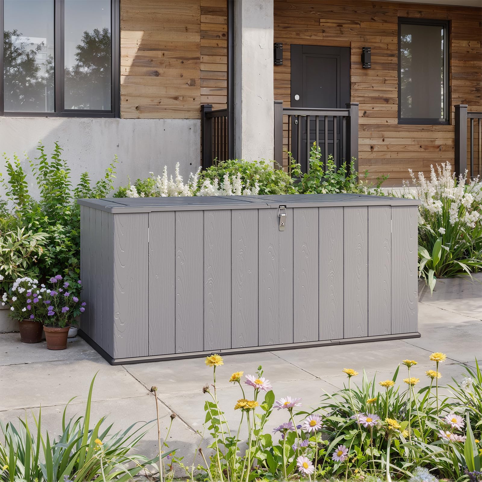 Aoxun Outdoor Deck Box 600L, Large Resin Outdoor Storage Box with Lid, Waterproof & UV-Resistant Garden Storage for Cushions, Tools, and Pool Accessories 4.7x2.2FT(Grey) — image 1