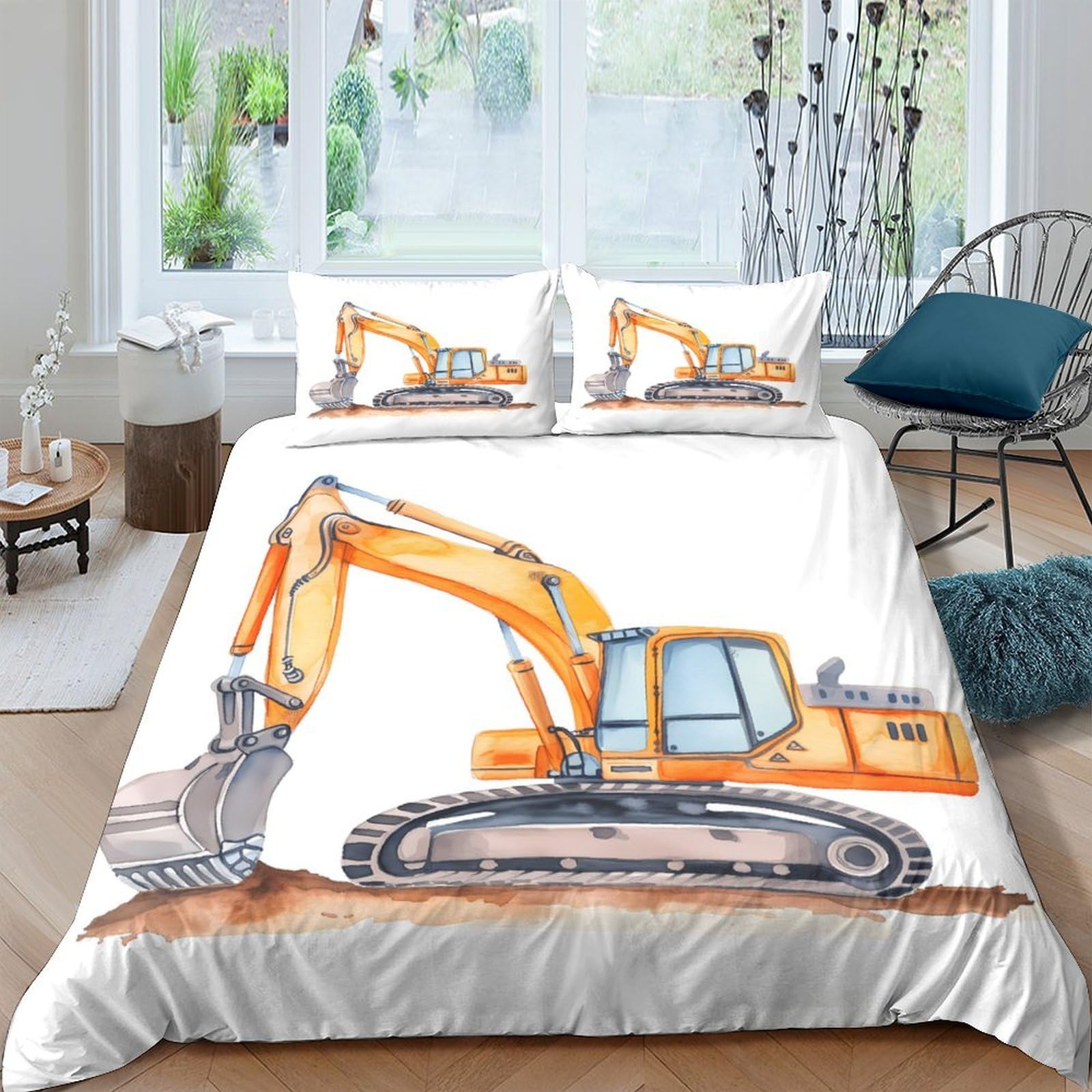GPLZQXKJNH 3D Printed Excavator Duvet Cover Microfiber Orange Construction Quilt Cover Set with 2 Pillowcases for Bedroom Decor Single（135x200cm）