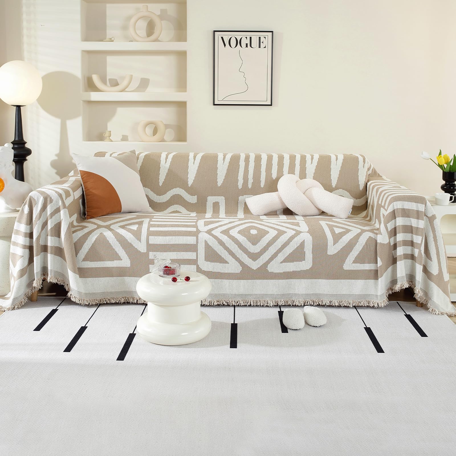 OstepDecor Boho Sofa Cover 4 Seater, Chenille Couch Cover for Corner Sofa Washable Sofa Slipcover